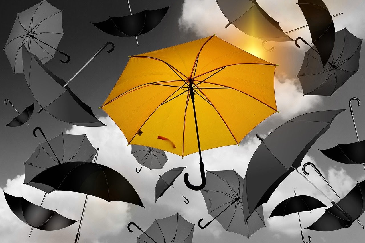 One yellow umbrella sticks out among many black umbrellas, which is a visualization for how personalization can make your email blast stick out