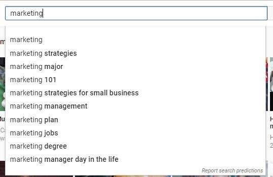 an example of YouTube autosuggest when you type in "marketing"
