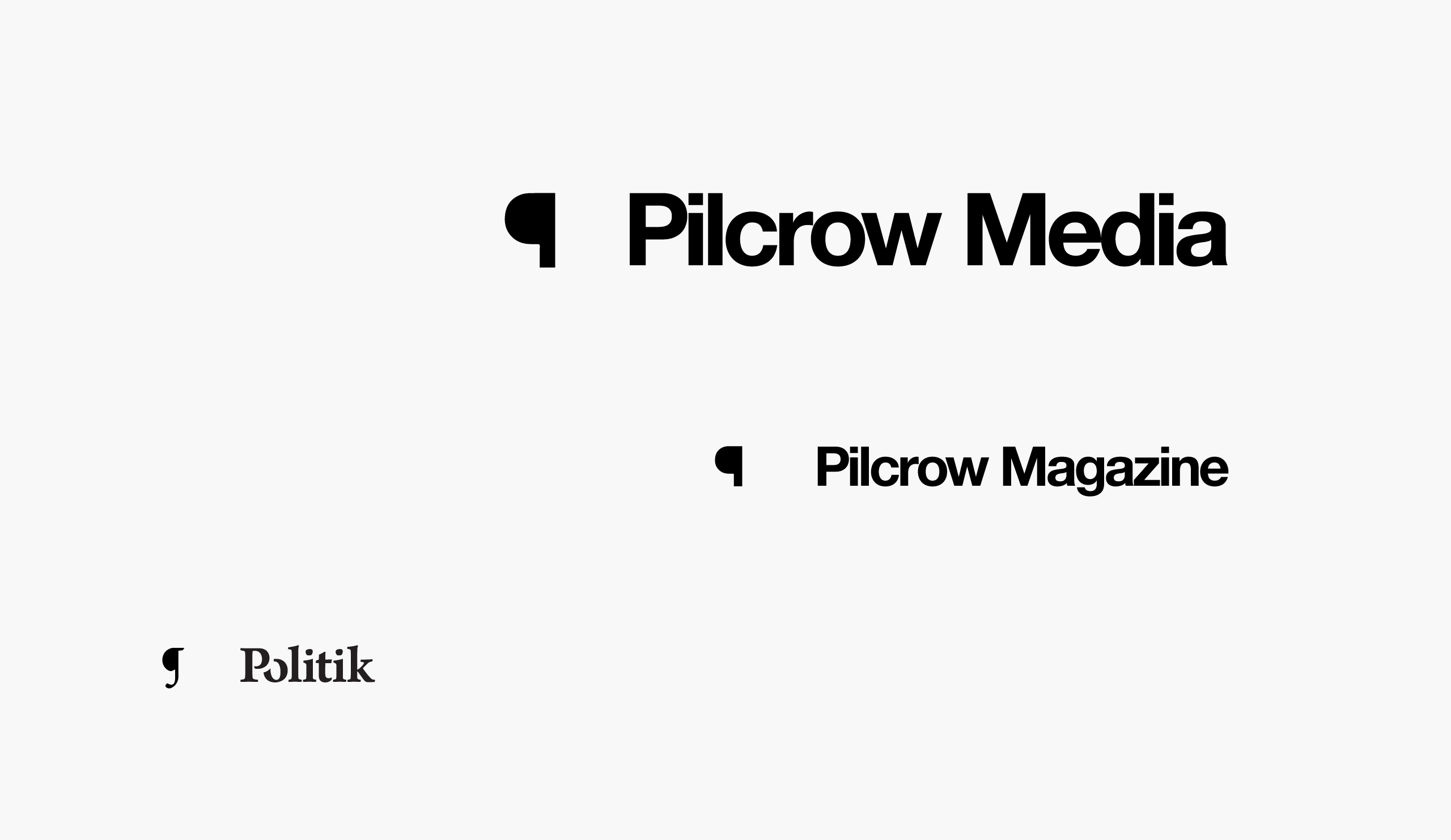 Three main logos for Pilcrow media family of products — Media, Magazine, and Politik — by Dima Yagnyuk.