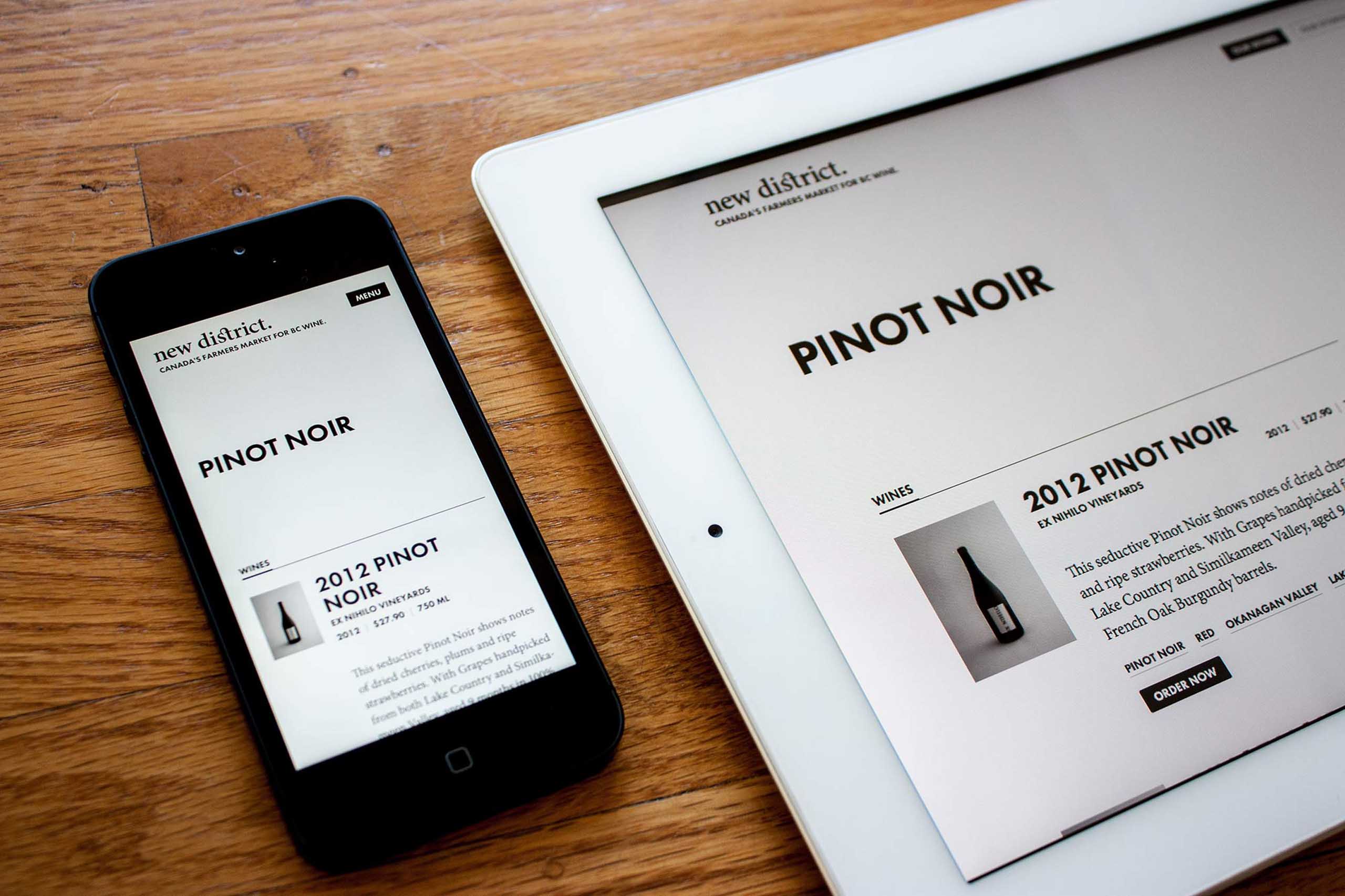 New District e-commerce website with active search for Pinot Noir on mobile and table devices, showing an EX Nihilo Vineyards results — by Yagnyuk.