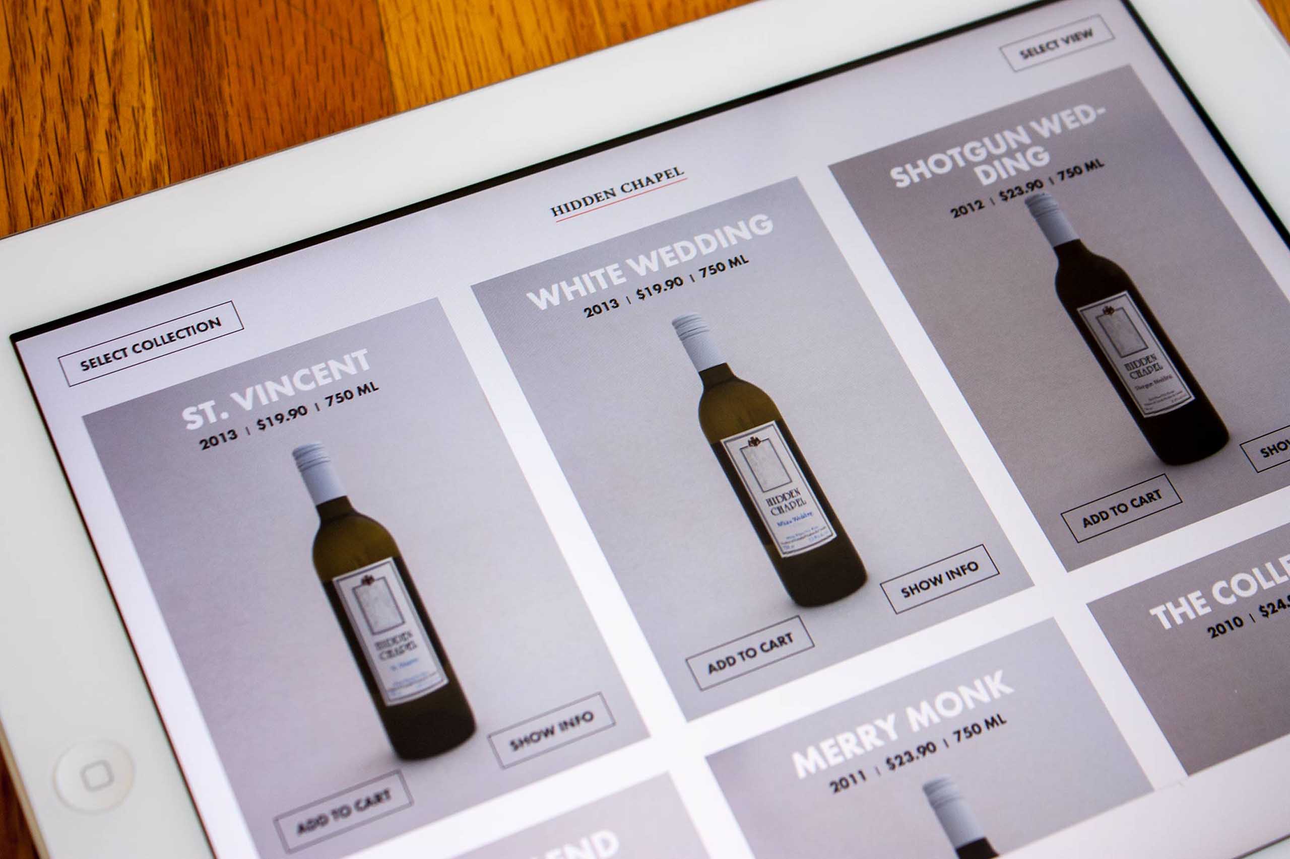 A product grid of wines for hidden chapel winery page on the New District E-Commerce platform — by Yagnyuk.