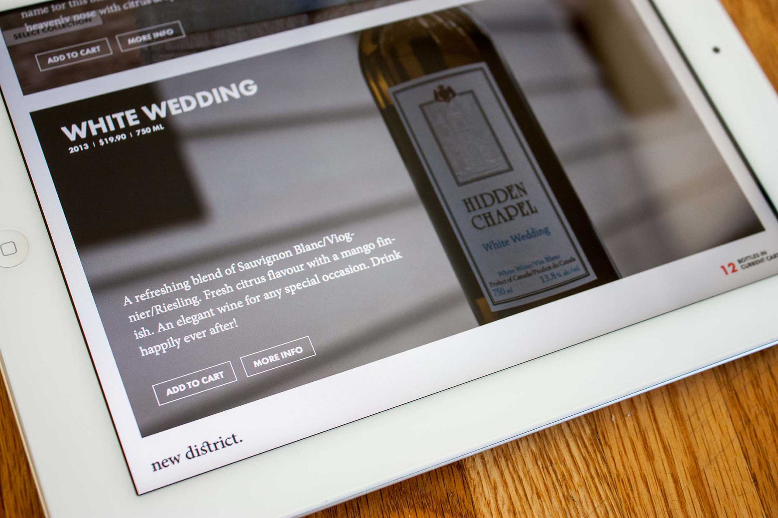 Details product card for a white wedding hidden chapel wine with an in depth description and add to card plus more info buttons — by Dima.