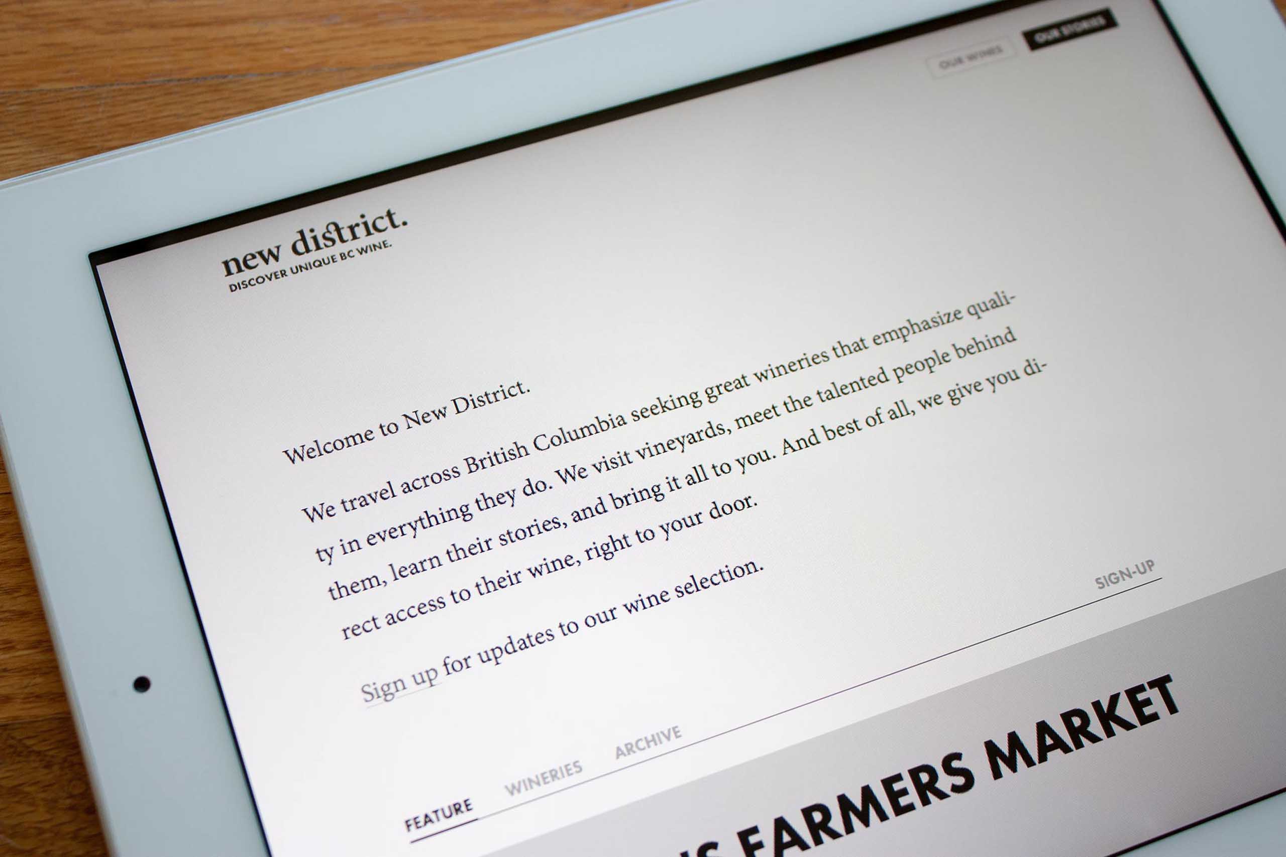 New District about page showing brand manifesto and navigation for featured, winery, and archive pages — by Yagnyuk.