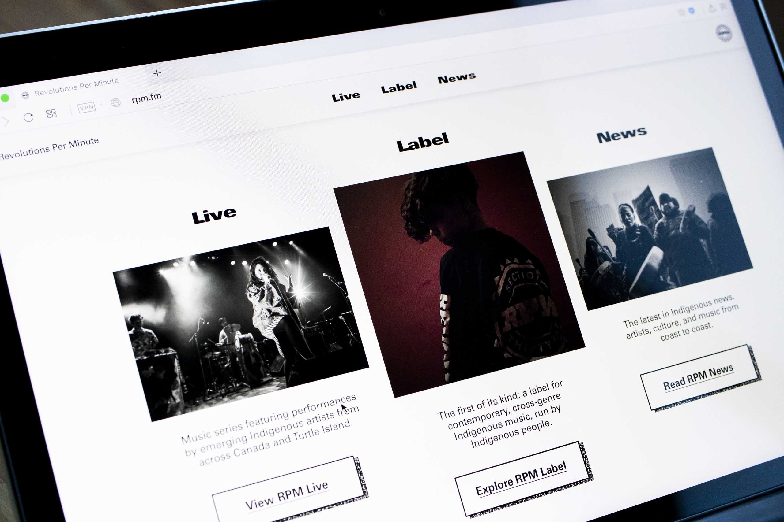 Calls to action for Live, Label, and News site sections featuring thematic photography — by Yagnyuk.