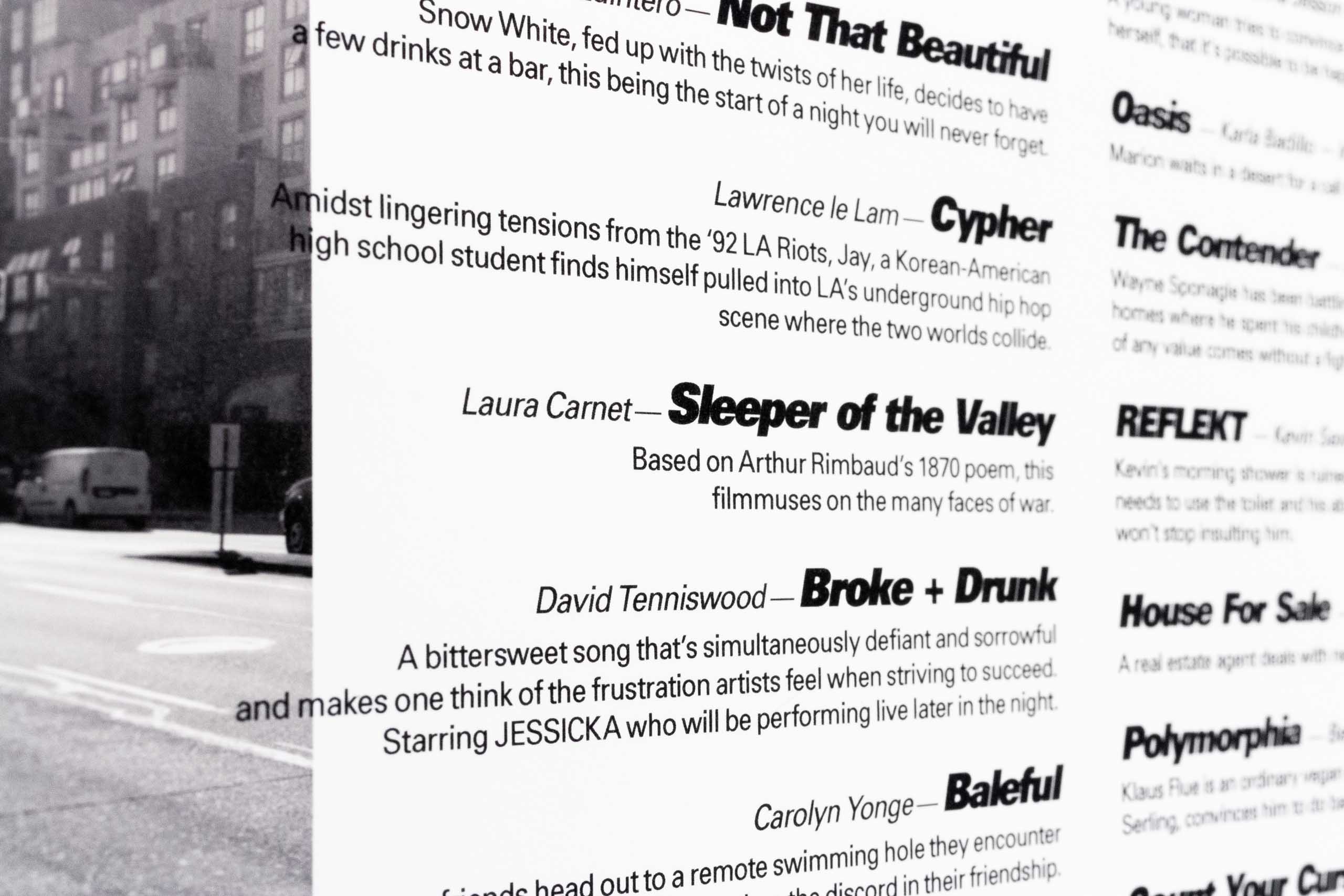 Close up of a single film, showcasing typographic detailing between title, direction and description — by Yagnyuk.