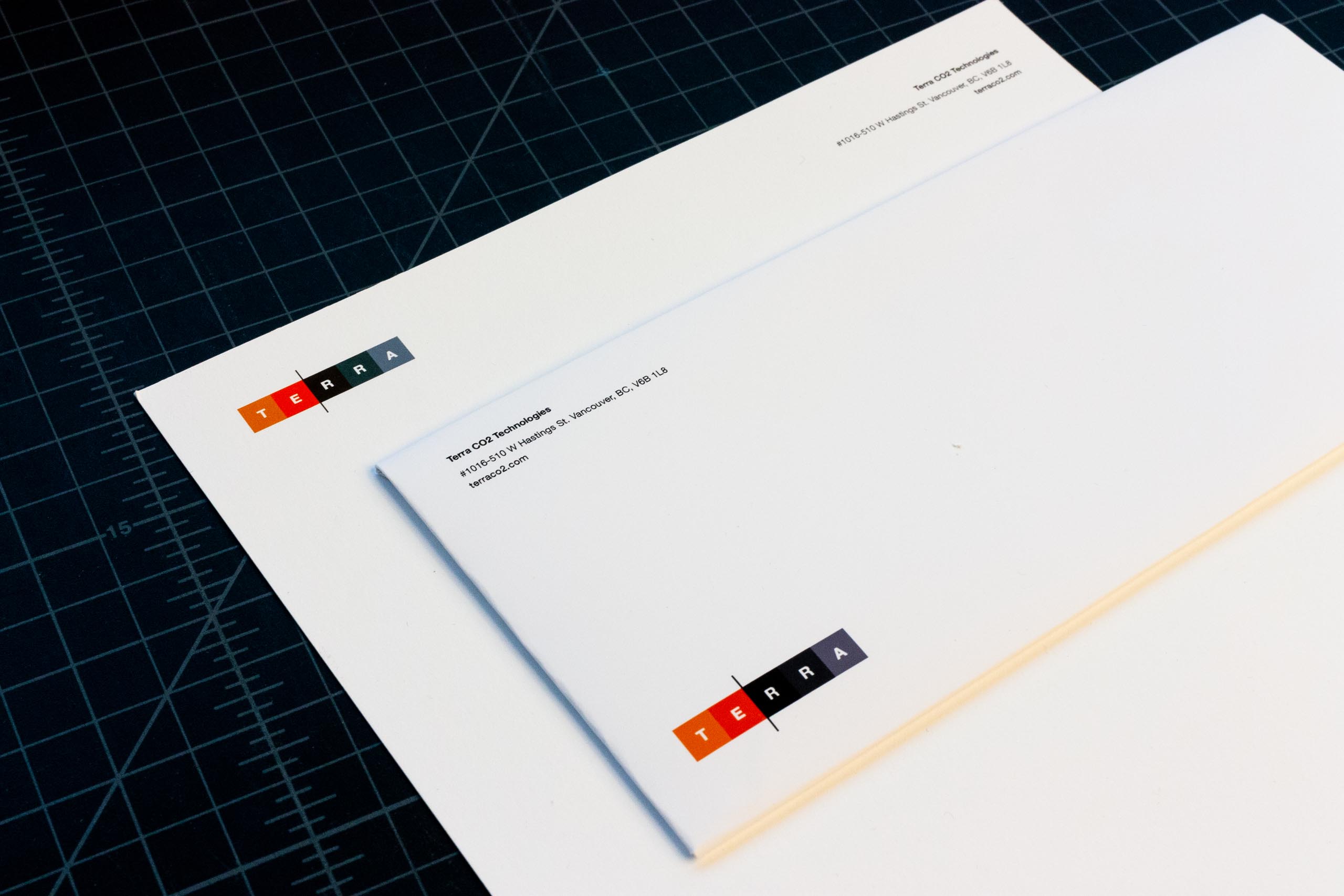 Close up of letterhead and envelope for Terra CO2 Technologies — by Yagnyuk.