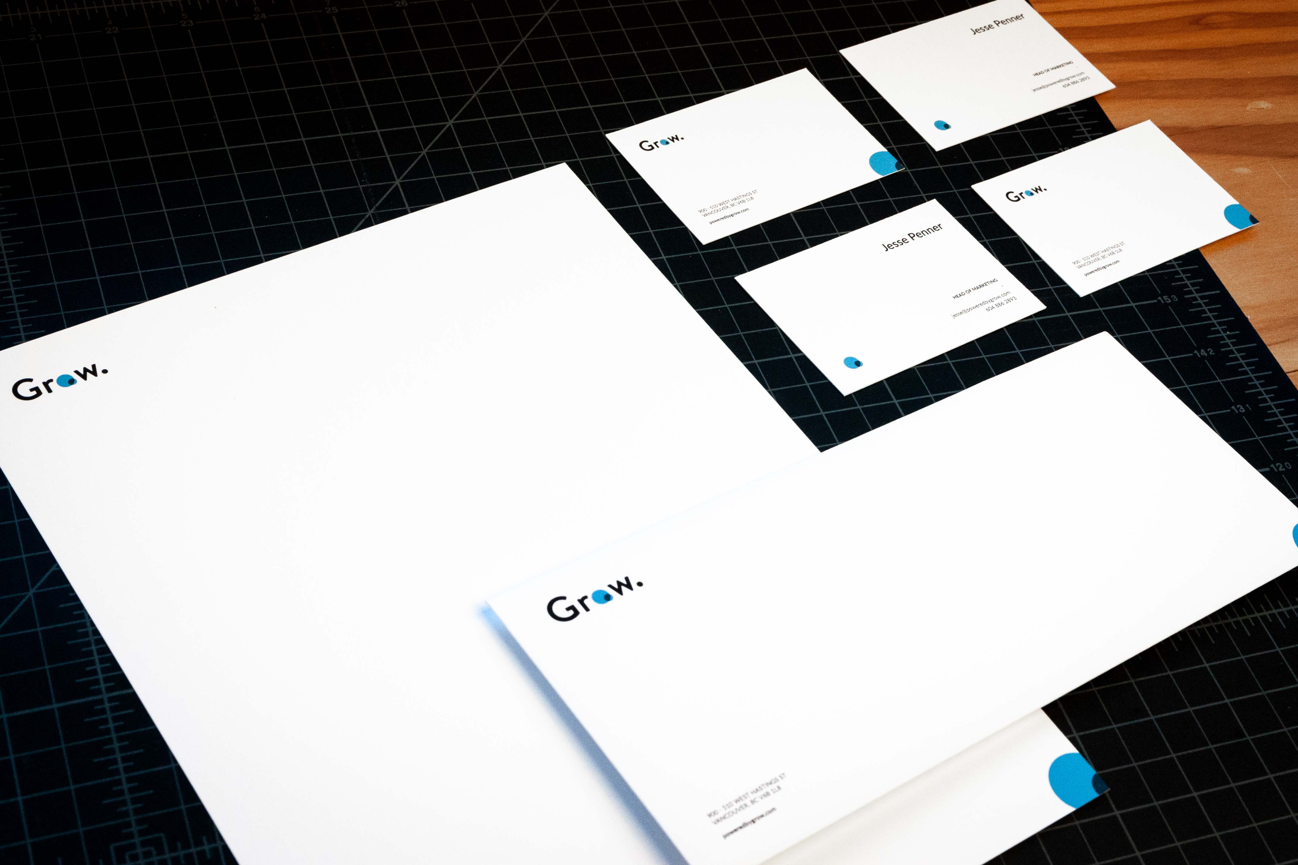 Grow Financial letterhead, envelope and set of business cards — by Yagnyuk.