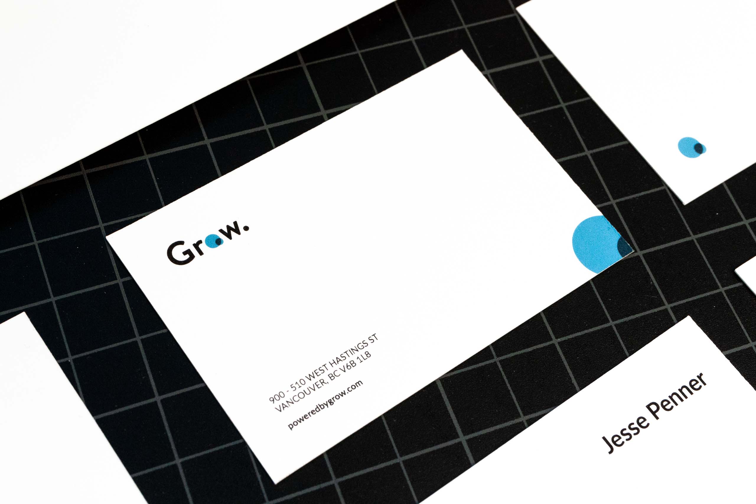 Close up of the Grow business card detailing company contact information with "venn diagram" logo — by Yagnyuk.