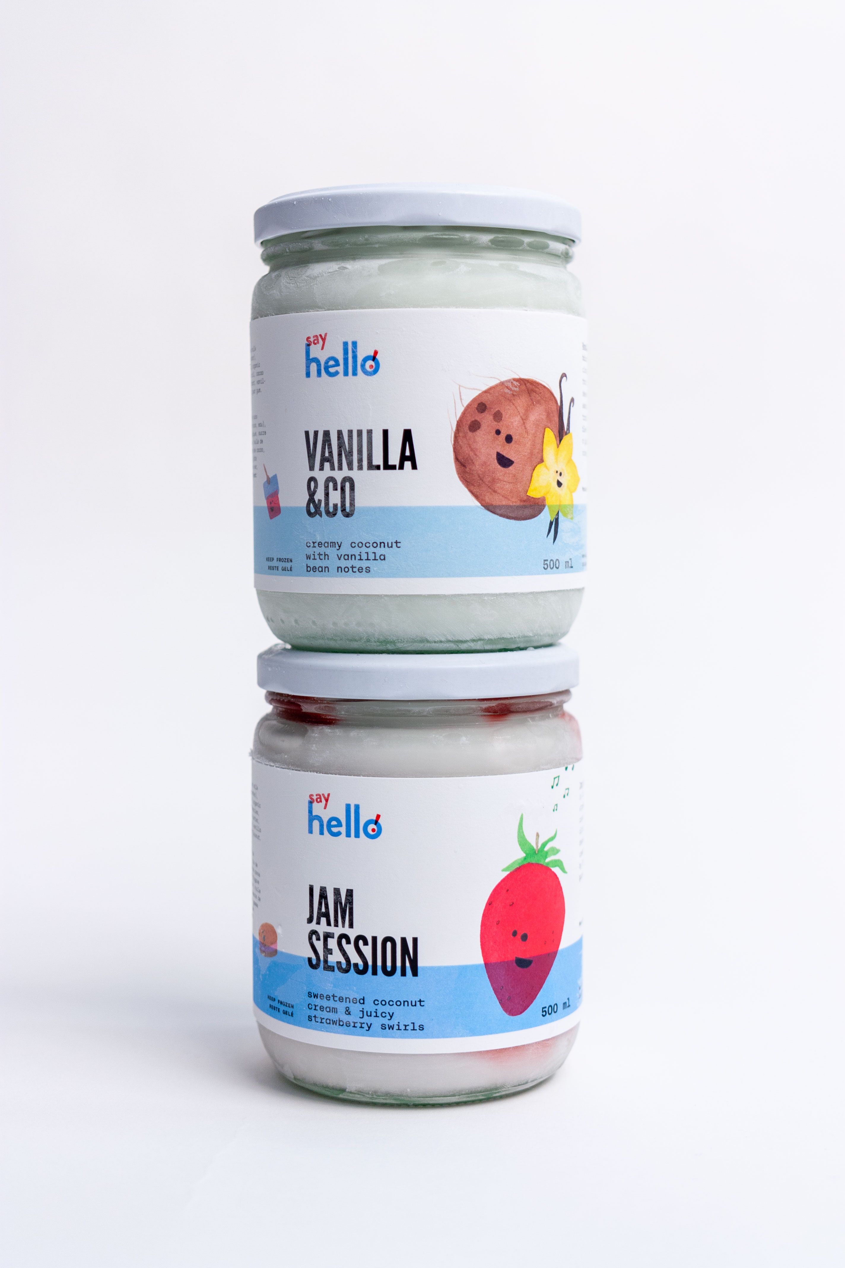 Vanilla ice cream jar stacked on top of strawberry covered in frost — by Yagnyuk.