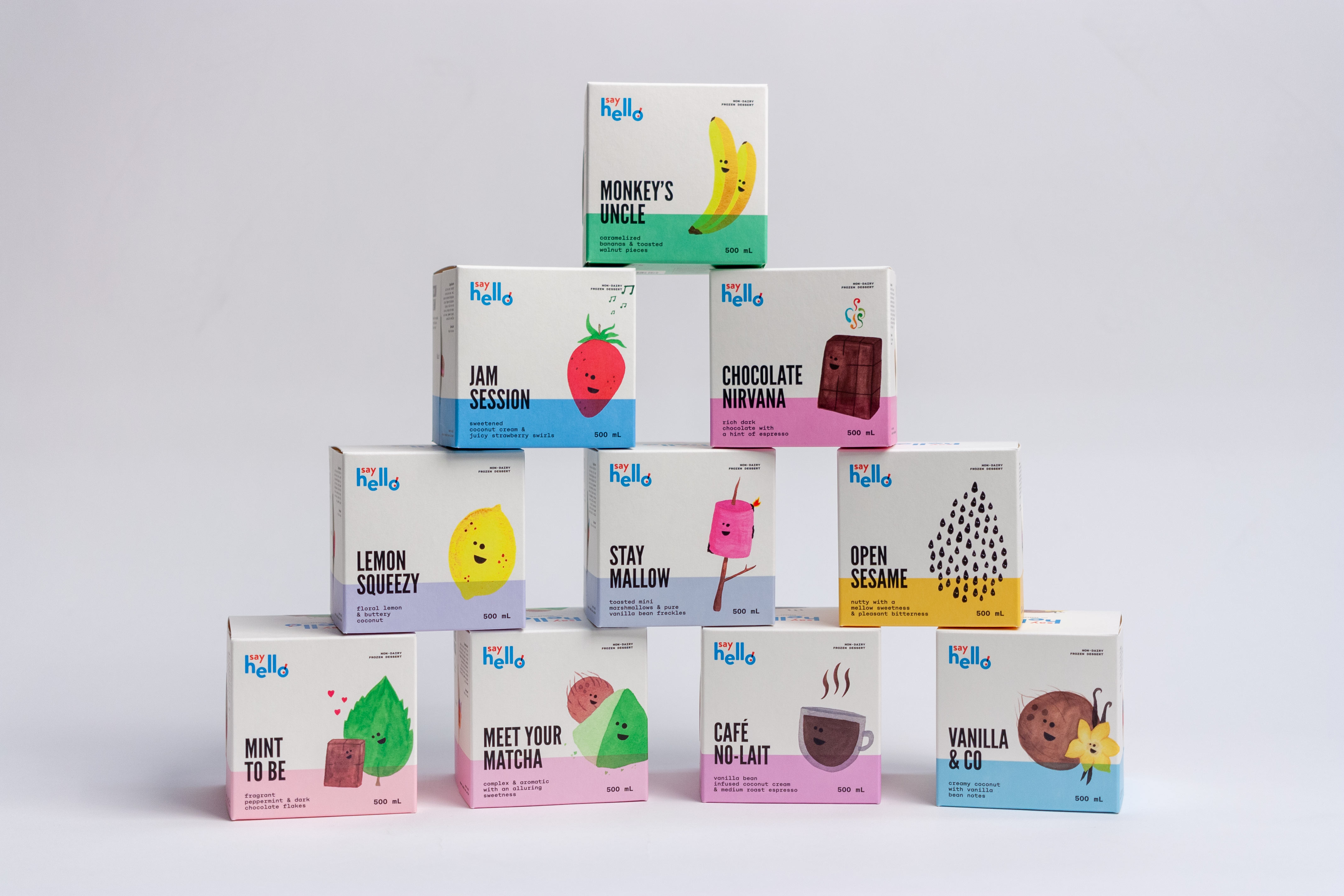 Say Hello Sweets custom Structural Foodsafe, Direct Fill, Ice Cream Cubes with vibrant illustrations for banana, strawberry, chocolate, lemon, marshmallow, sesame, mint, matcha, coffee and vanilla flavours in a variety of neon colors stacked on top of each other — by Dima Yagnyuk.