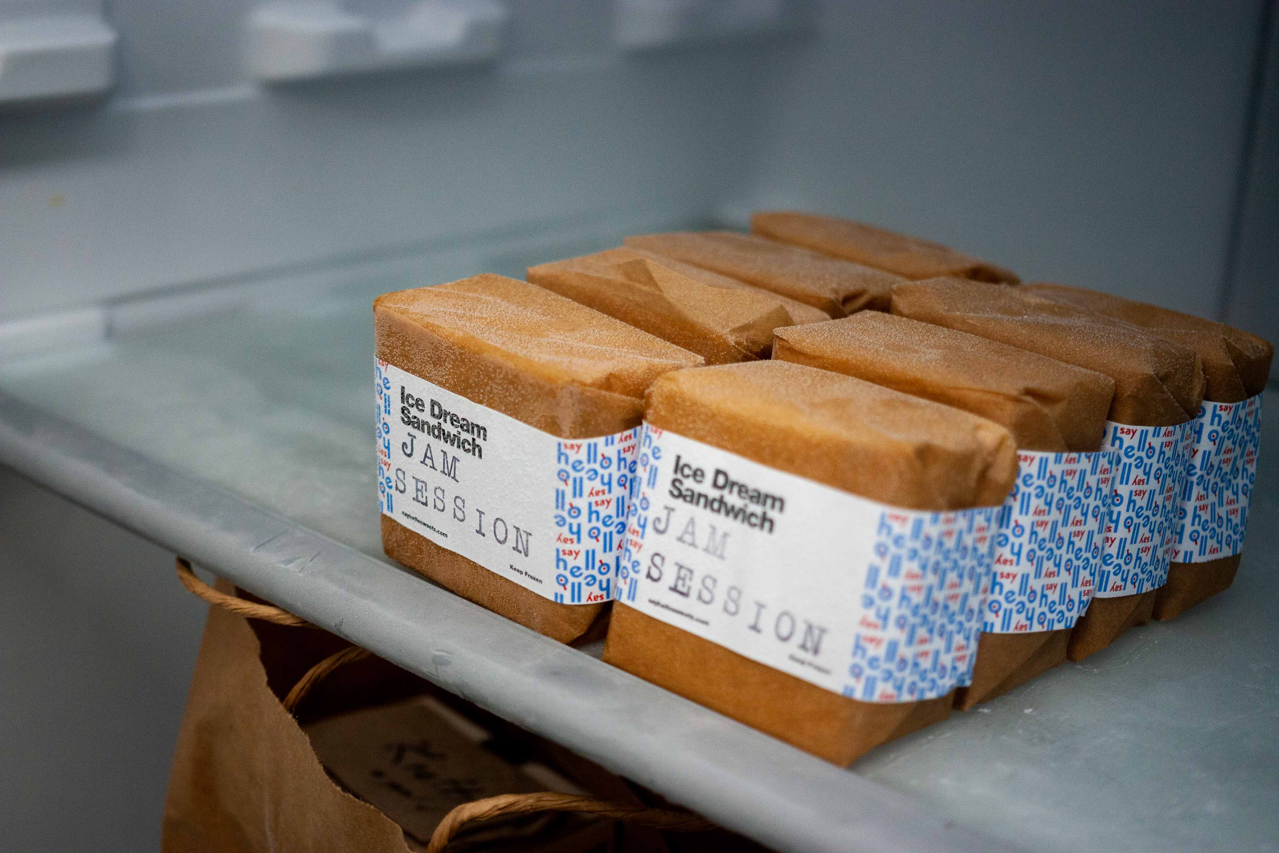 Say Hello Ice Cream Sandwiches inside a freezer — by Yagnyuk.