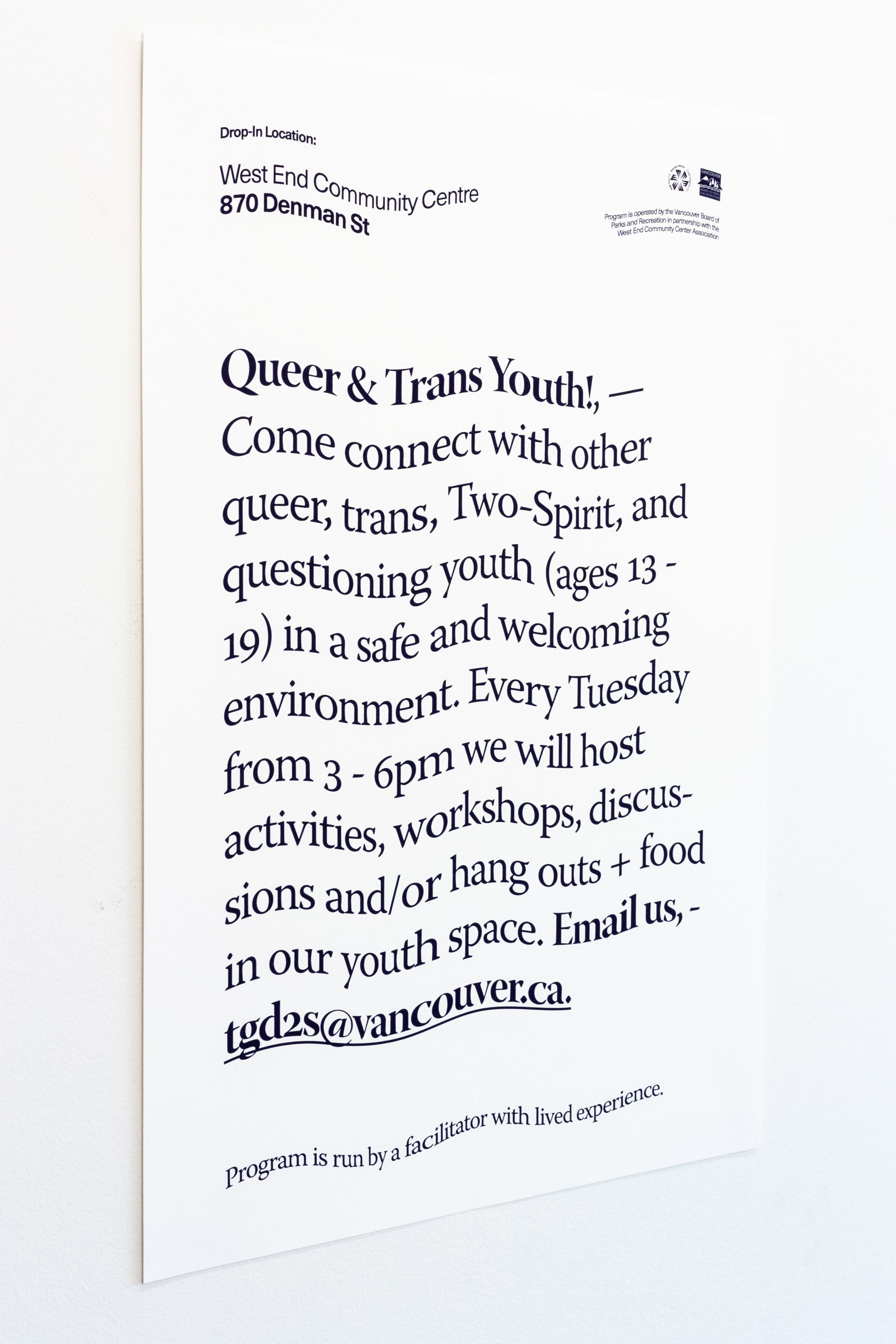 Poster for West End Community Centre advertising youth support groups — by Yagnyuk.