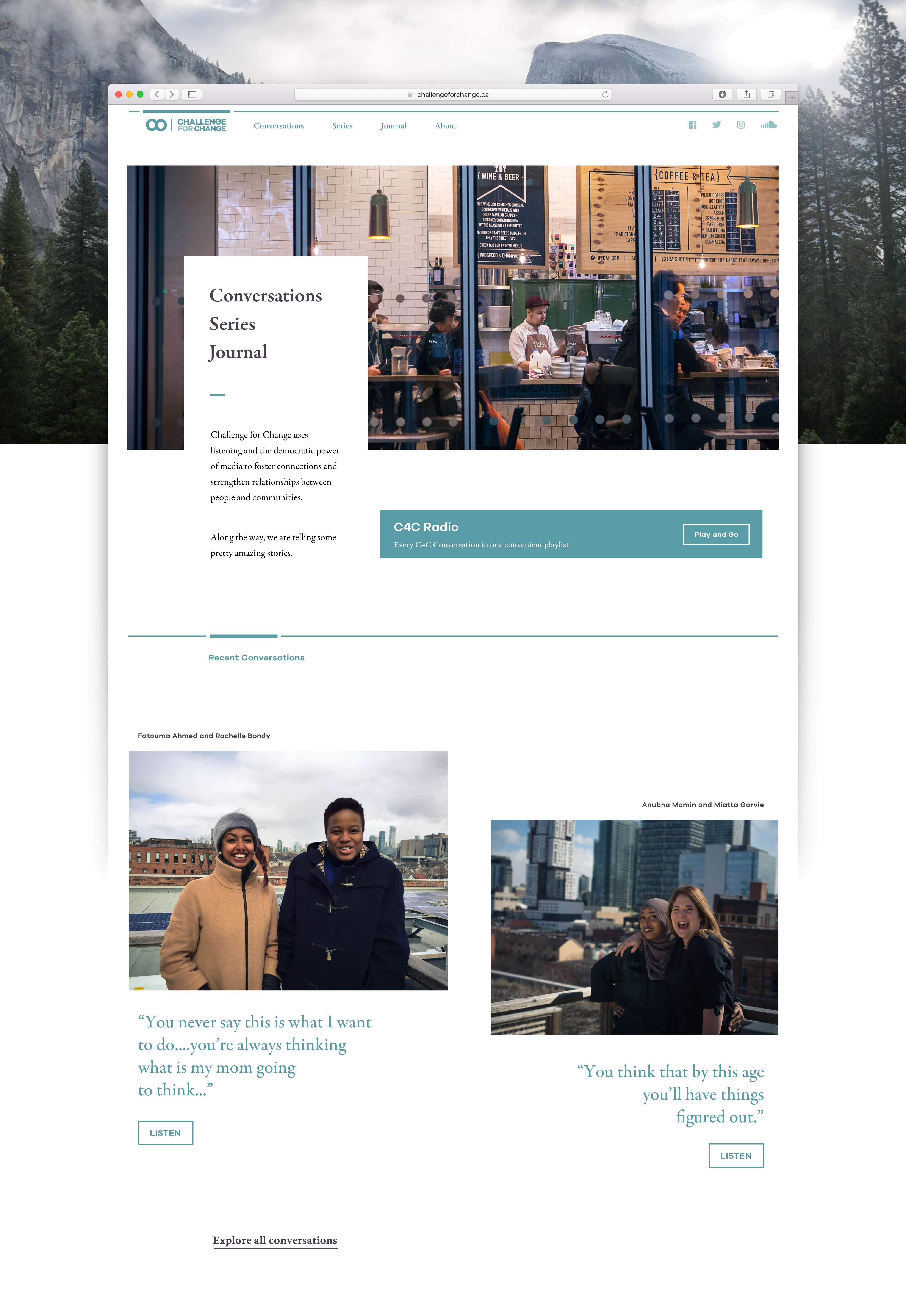 Challenge for Change home page with clean menu, large background video and prominent headlines set in Garamond Pro typeface — by Dima Yagnyuk.