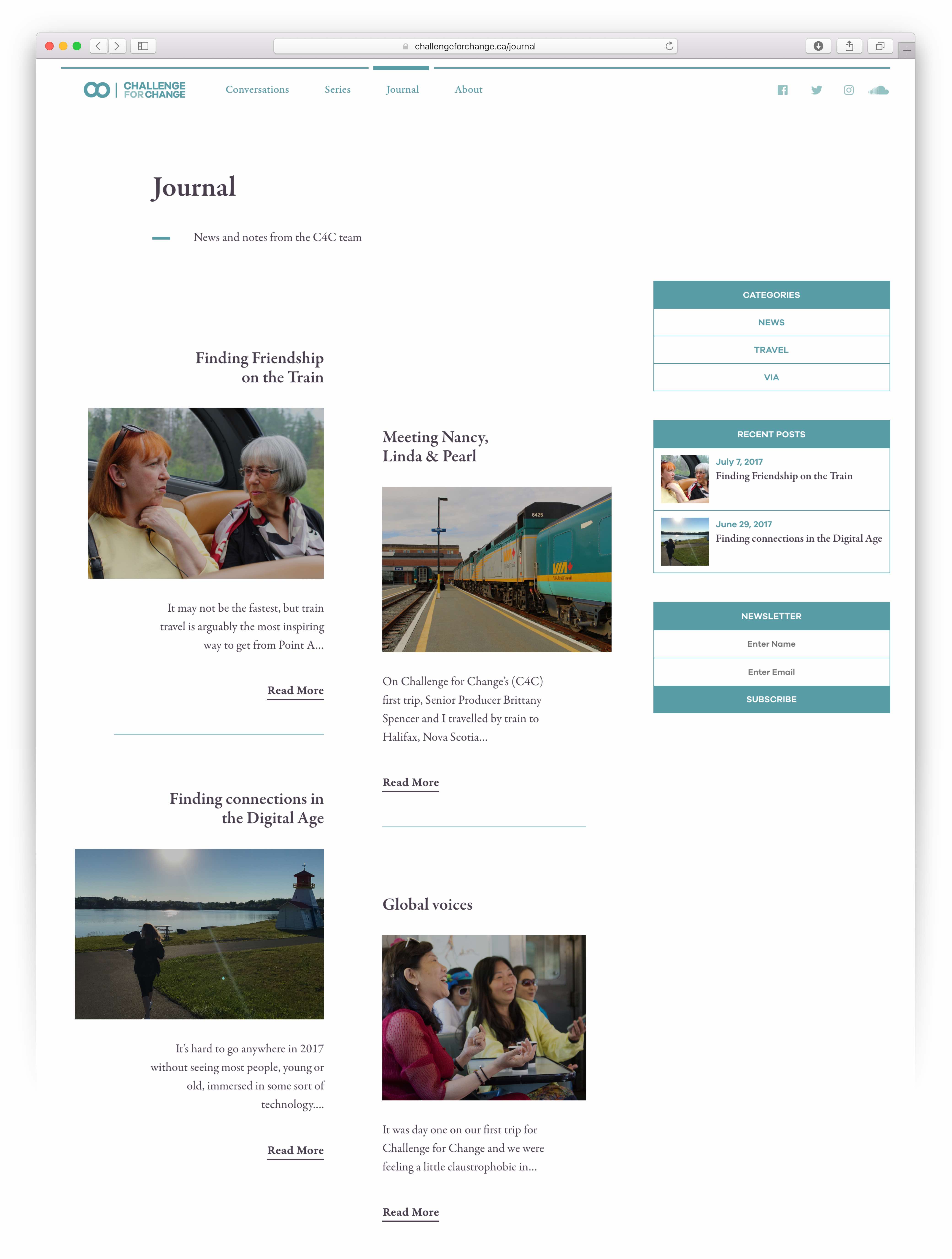 User interface for the journal module of Challenge for Change, built on a three column grid with first two filled by asymmetrically laid out articles and third filled with categories, newsletter and recent post modules — by Dima Yagnyuk.