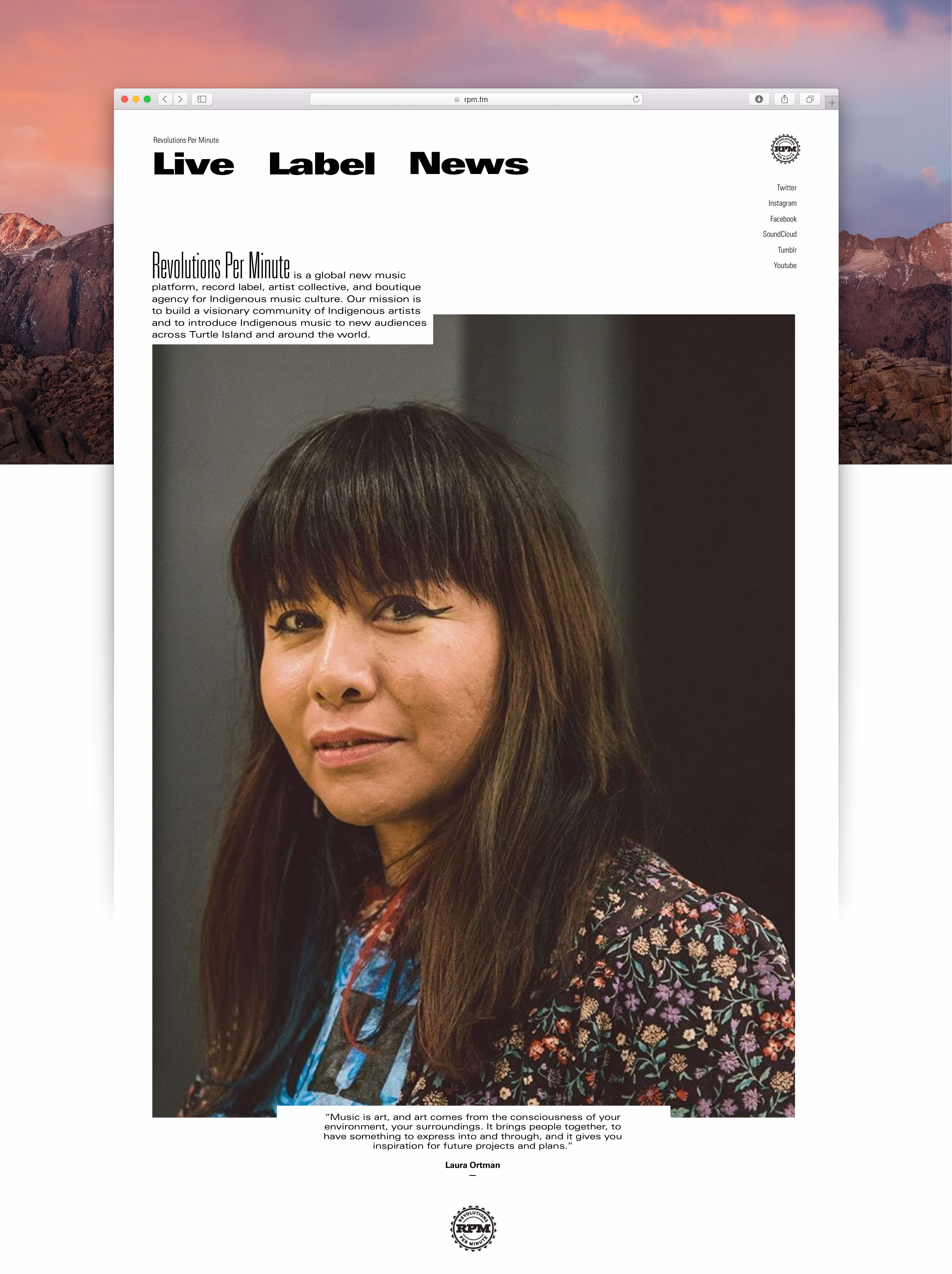 Revolutions per minute home page version featuring a photo of Laura Ortman — Yagnyuk.
