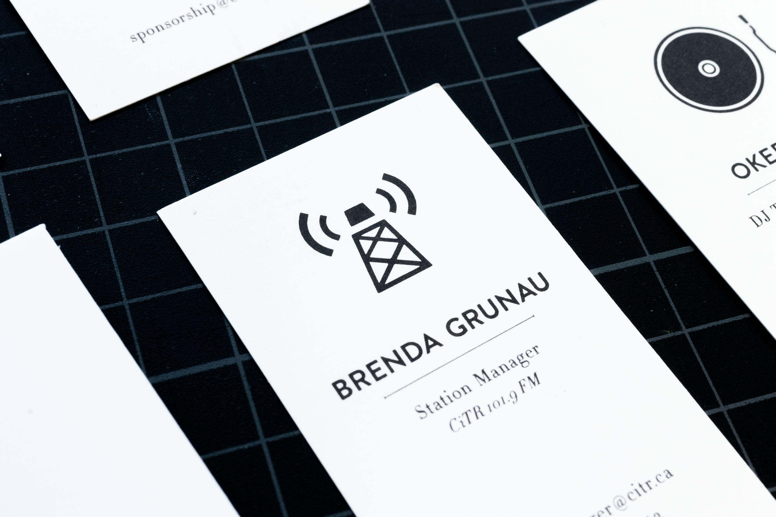 Close up of CiTR Radio Station Manager business card with an illustration of a radio tower — by Dima Yagnyuk.