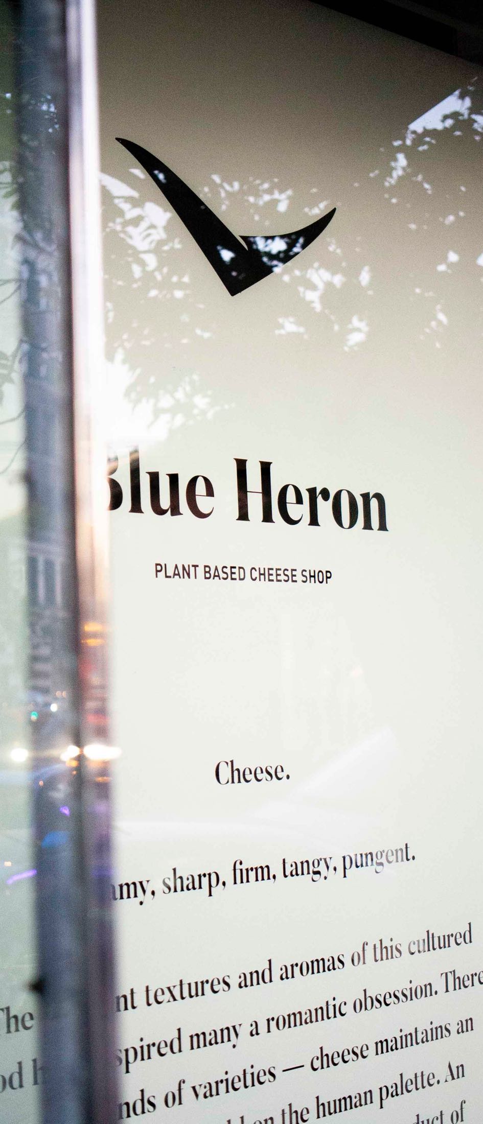 Close up of Blue Heron cheese store windows, showcasing the handpainted logo and brand manifesto — by Dima.