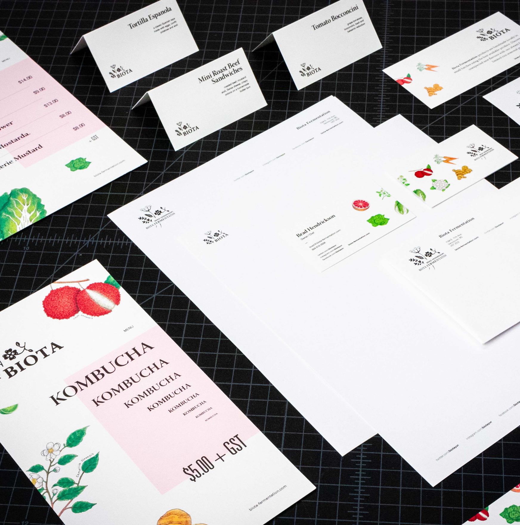 Biota Fermentation stationary, menus,, business card, and product cards featuring vibrant botanical illustrations by Jessica Fraser — by Yagnyuk.