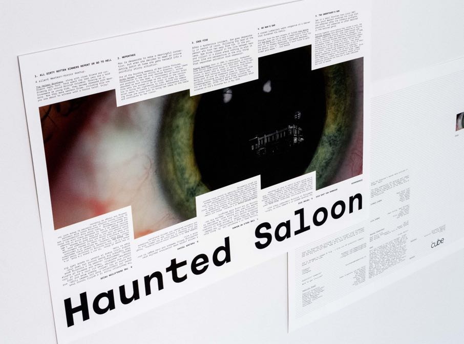 Poster for Haunted Saloon Film Festival featuring a close up of an eye with a reflection of an old house in the retina — by Dima Yagnyuk.