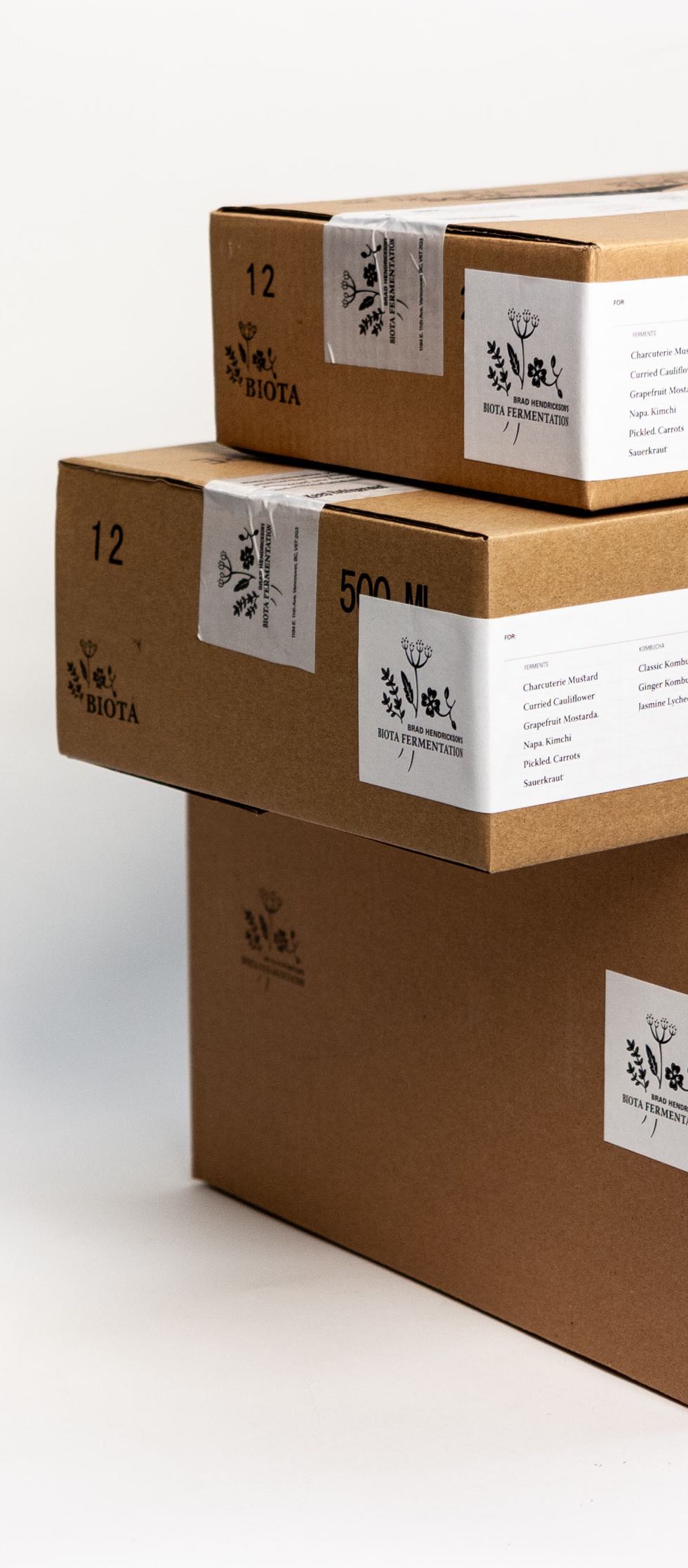 Biota Fermentation Shipping Boxes stacked together with custom printed tape, labels and branding — by Dima Yagnyuk.