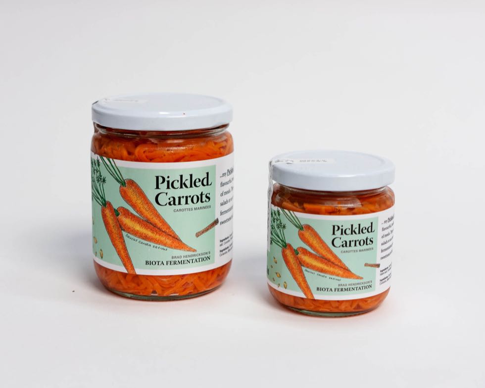 Biota Fermentation Pickled Carrots Jars in 500ml and 250ml with vibrant orange carrot illustration — by Dima.