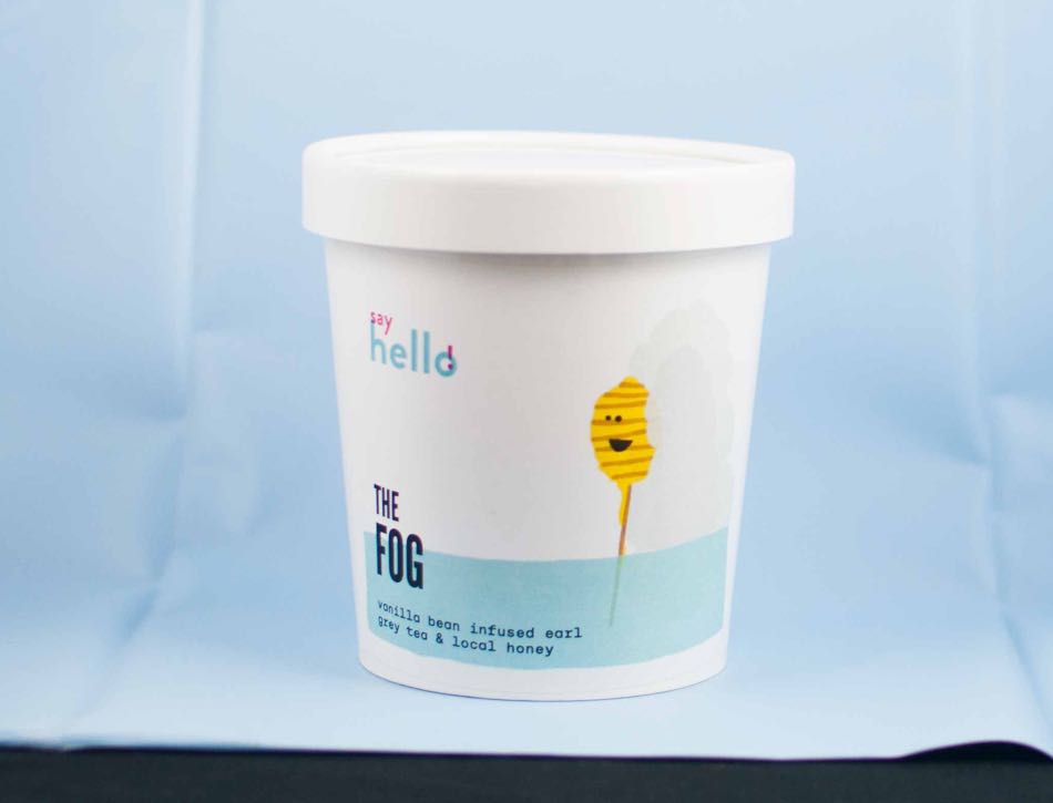 Say Hello Sweets "The Fog Ice Cream Label" label for 473ml pints with a vibrant yellow illustration of a honey dipper - by Dima.