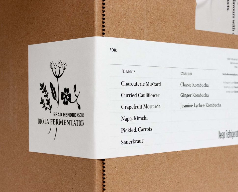 Biota Fermentation Shipping Box Label with logo printed on and space allowance for notes of package contents — by Yagnyuk.