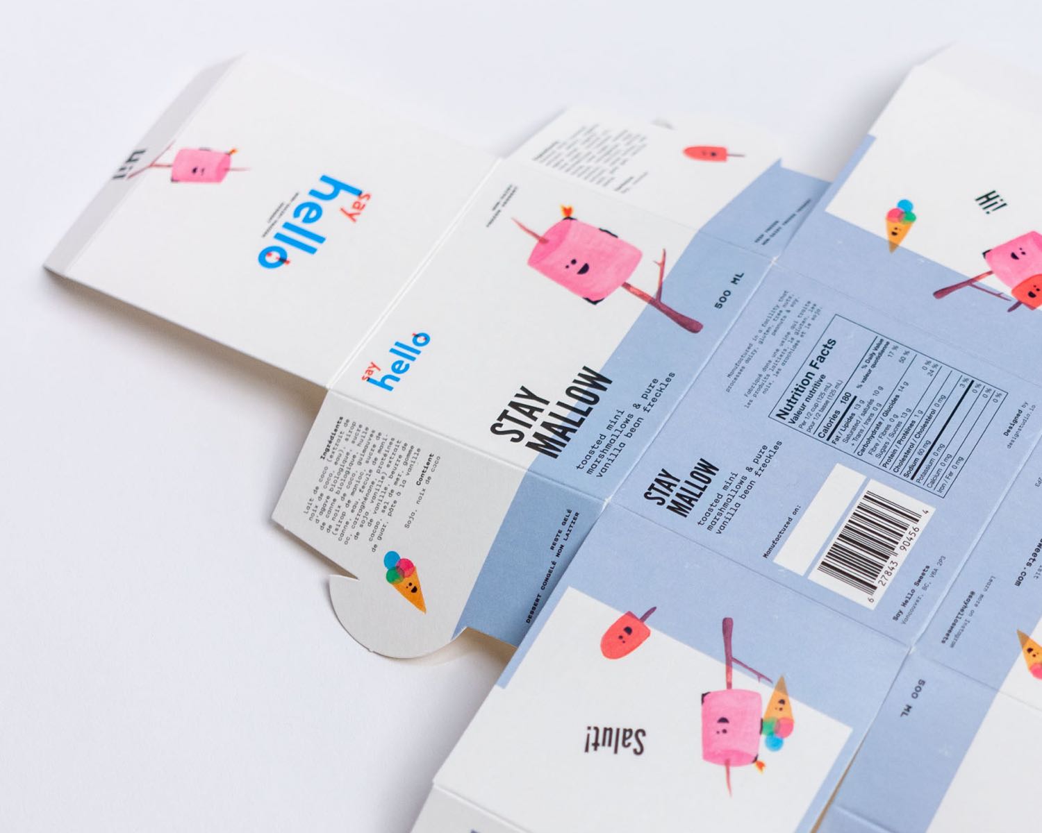 Unfolded structural dieline showcasing construction of Say Hello Ice cream cube and its graphical and informational details — by Dima Yagnyuk.