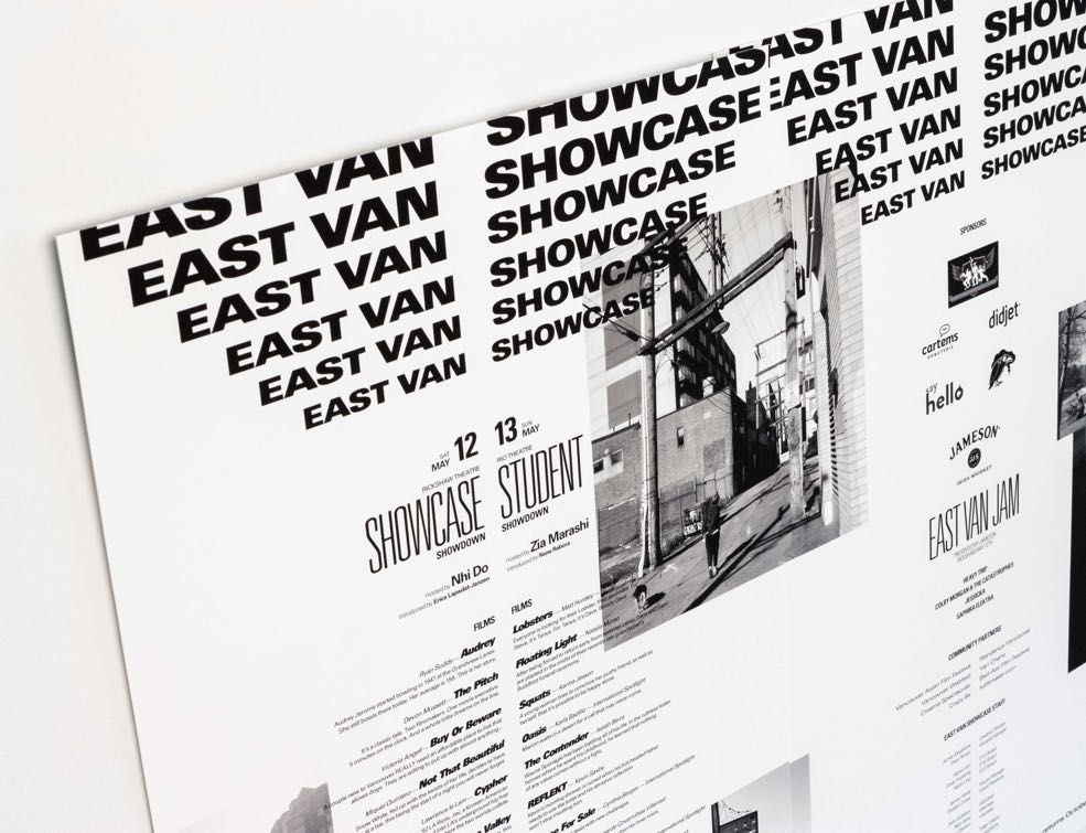 East Van Showcase Film Festival Poster featuring stark Univers typography and photos of East Vancouver — by Yagnyuk.