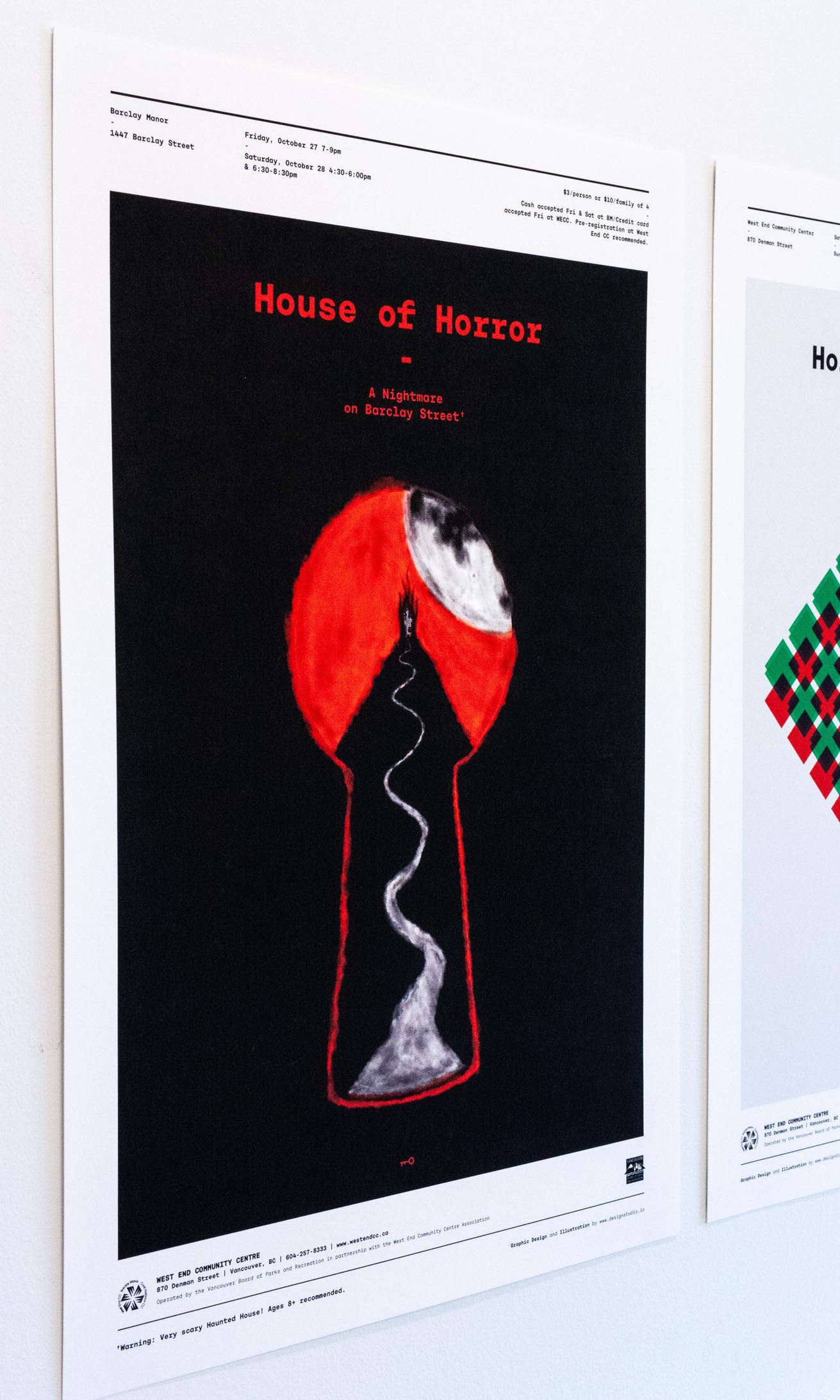 House of Horror Black Halloween poster with a read keyhole, showing a haunted house on top of mountain a full moon — by Dima Yagnyuk.