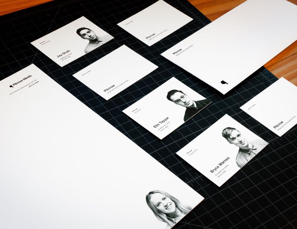 Pilcrow media business cards and letterhead is customized to each team member with their portrait photography in black and white — by Dima Yagnyuk.