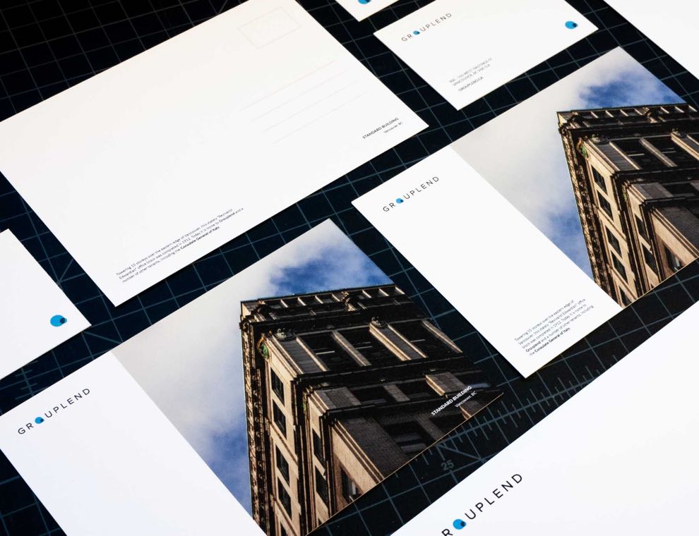 Grouplend postcards featuring "Revival Edwardian" Standard Building in Vancouver BC which housed Grouplend in 2015 — by Yagnyuk.