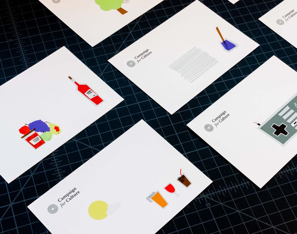 "Happy Hour" Campaign for Culture postcards featuring a series of campaign illustrations such as drink glasses, liquor bottles, fruit, and inkwell — by Dima