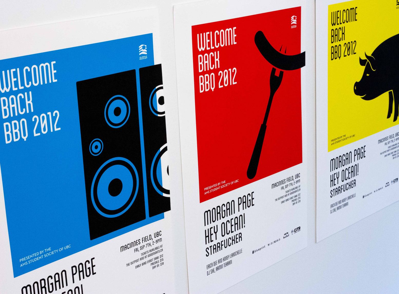 Solid Blue, Red, and Yellow Posters, featuring black iconographic illustrations of speakers, sausage on fork, and a pig along with text outlining playing musicians — by Dima.