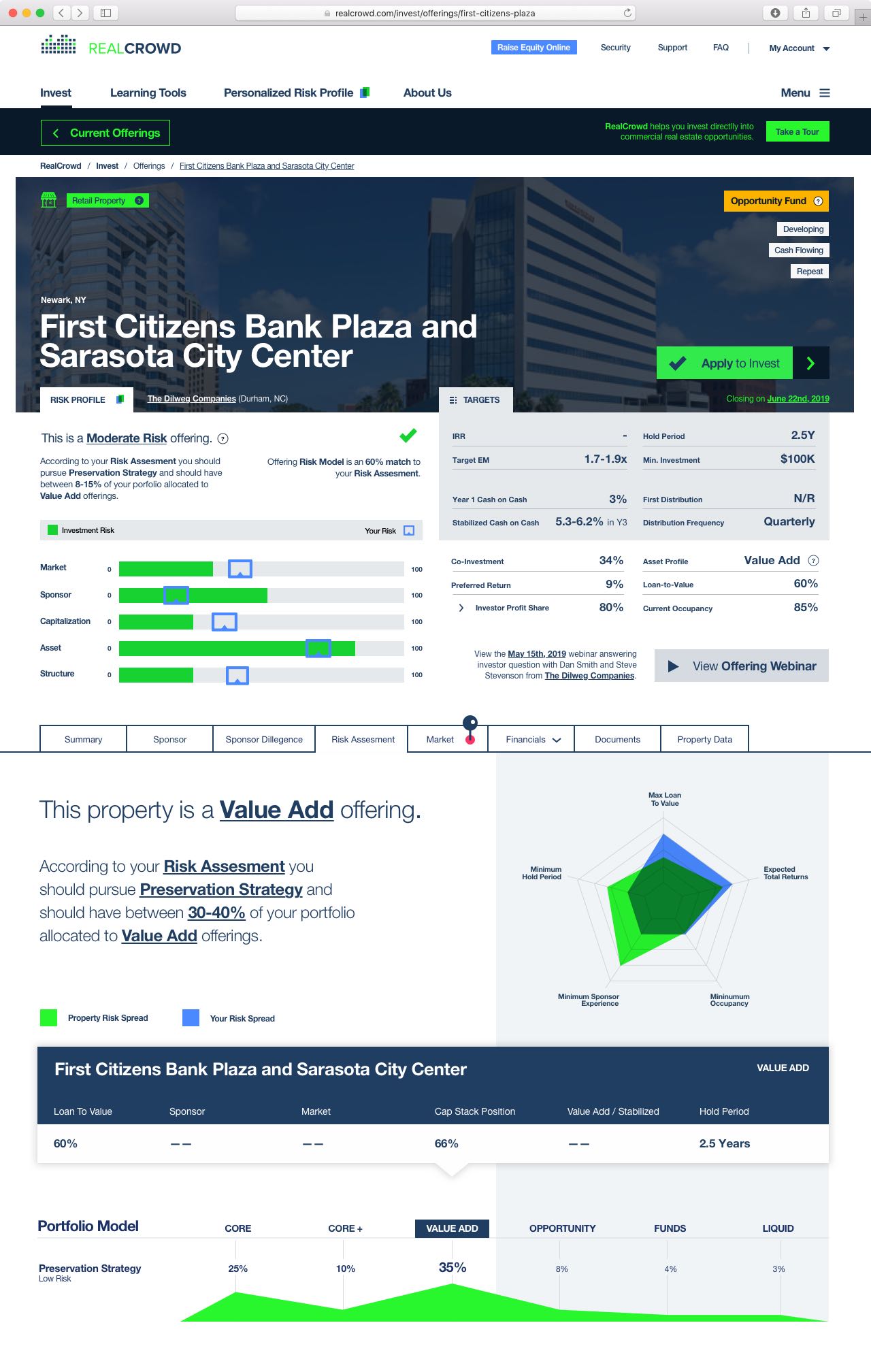 RealCrowd Real Estate Crowdfunding platform interface featuring a grid based, typographically precise reduction of information rich property offering data into an aesthetically pleasing, readable website layout with clearly identifiable calls to action — by Dima Yagnyuk.
