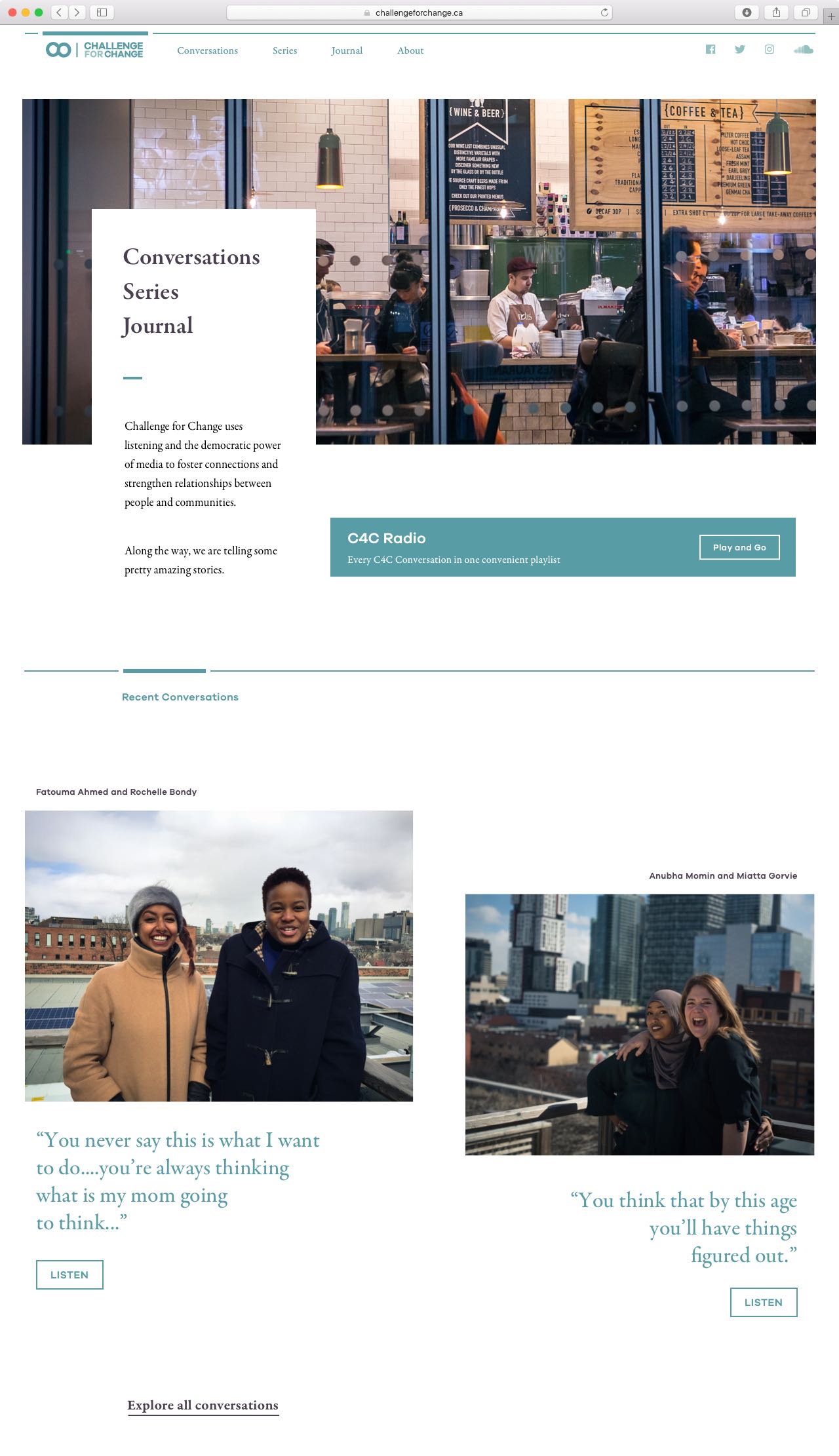 Challenge of Change digital radio interface featured prominent photography of people involved in support of their audio stories — by Yagnyuk.