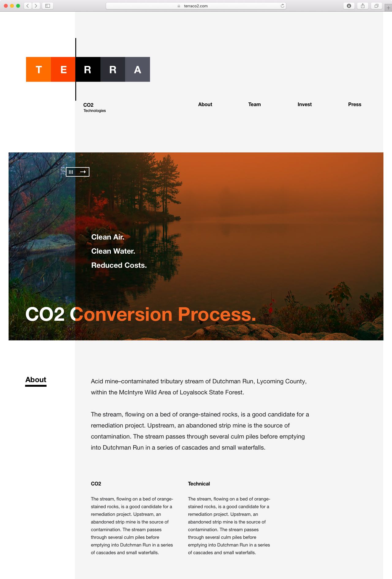 TerraCO2 clean energy website in orange and black colors — by Yagnyuk.