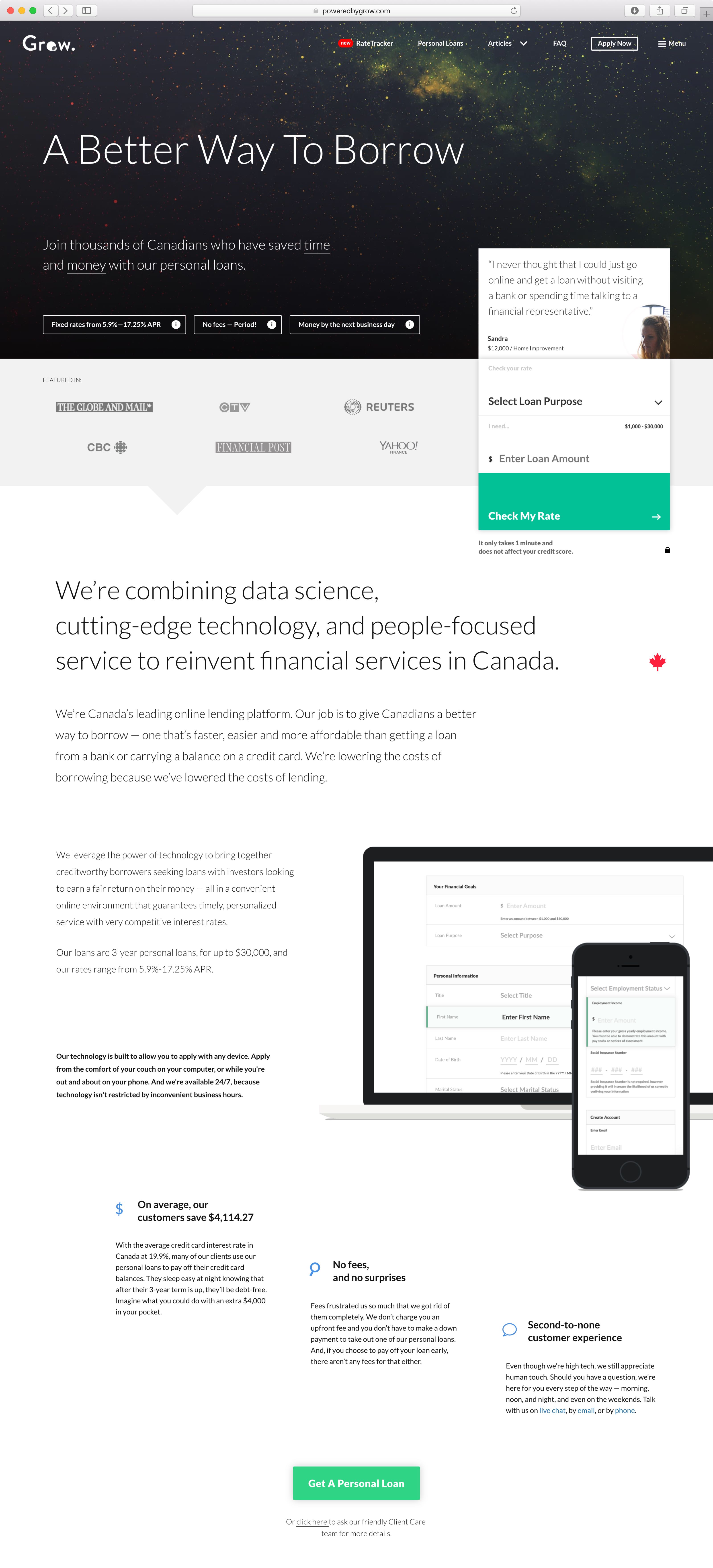 Grow Financial Peer-to-Peer Lending website with clean style and effective contrast, leading user along the page to key elements — by Dima Yagnyuk.