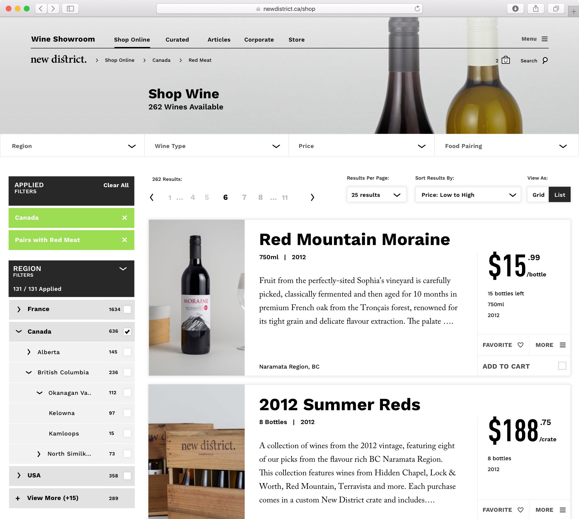 Detailed layout of New District E-Commerce platform winery detail view with shopping filters applied — by Dima Yagnyuk.