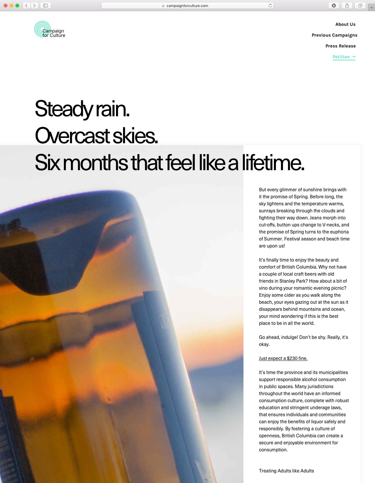 Campaign website with prominent typography and tall photo of an upside down wine bottle on the beach — by Dima.