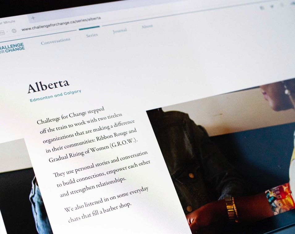 Close up of "Alberta Featured Series" entry. Typography is set against a background of people talking — by Yagnyuk.