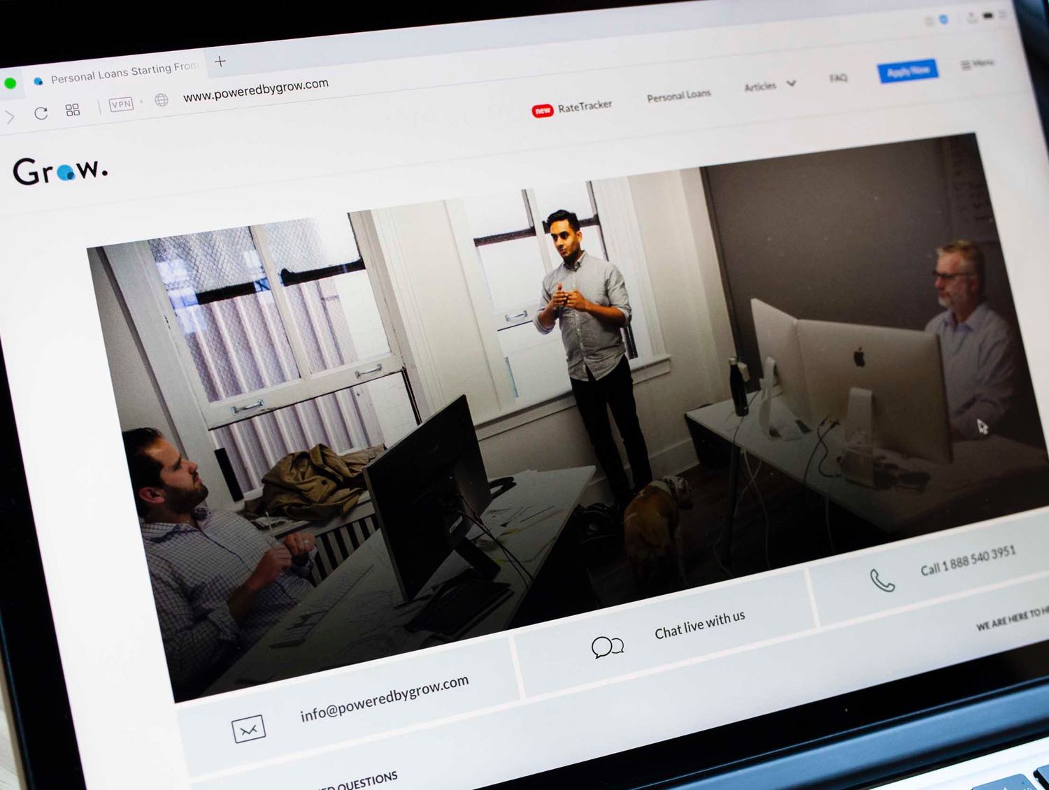 Grow Financial Contact page with prominent banner showing the office and three options for email, live chat, and phone call — by Dima Yagnyuk.