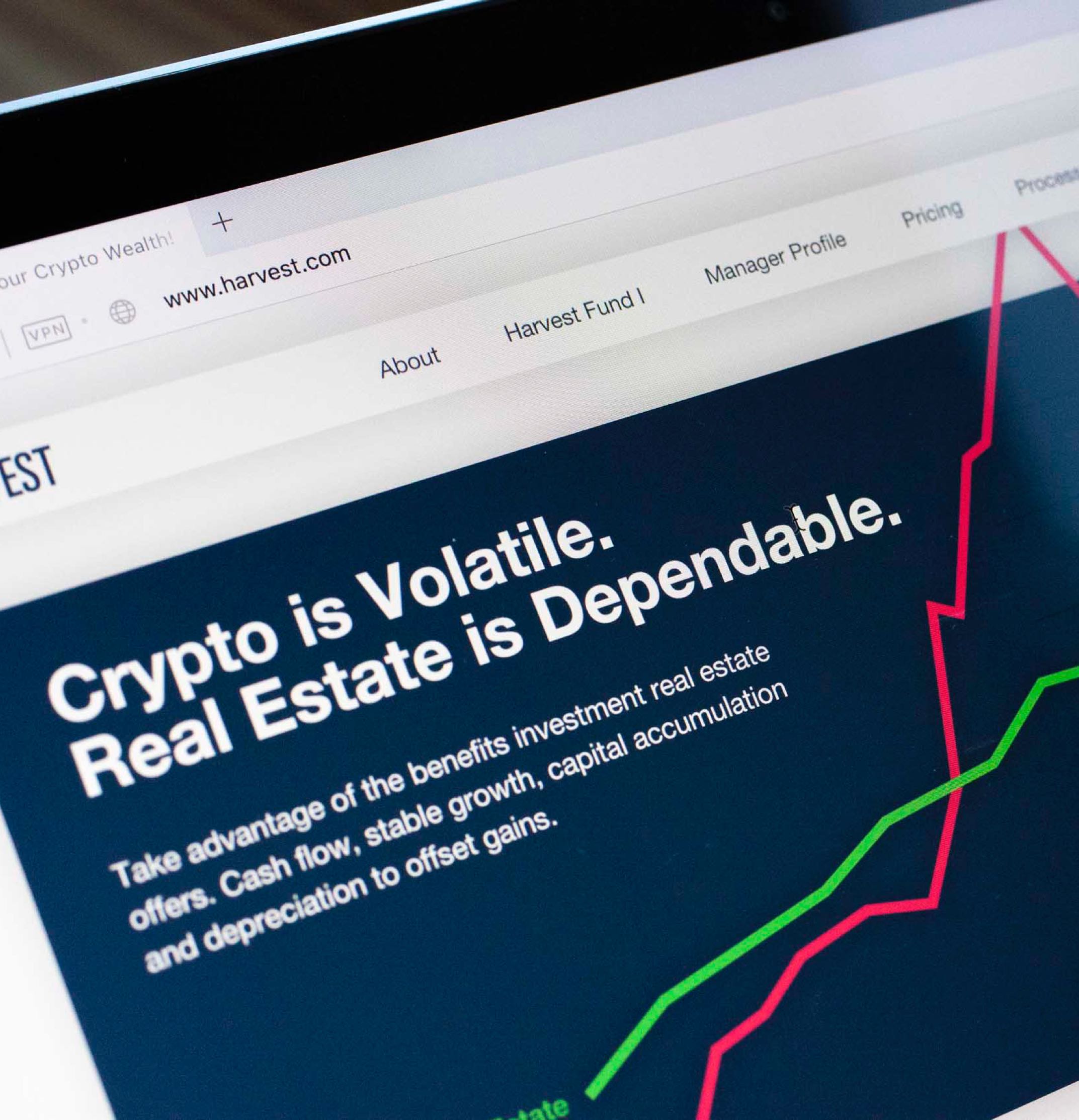 Harvest Real Estate Funs interactive neon pink and green graph of cryptocurrency vs real estate prices — by Dima Yagnyuk.
