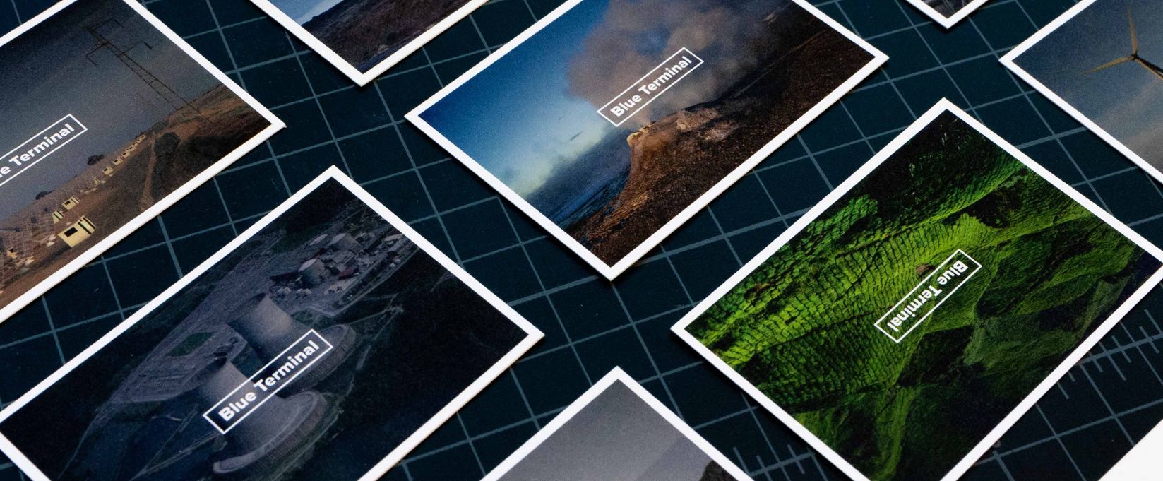 Blue Terminal Business Cards featuring photography of landscape, energy factories, and weather events related to energy issues — by Yagnyuk.