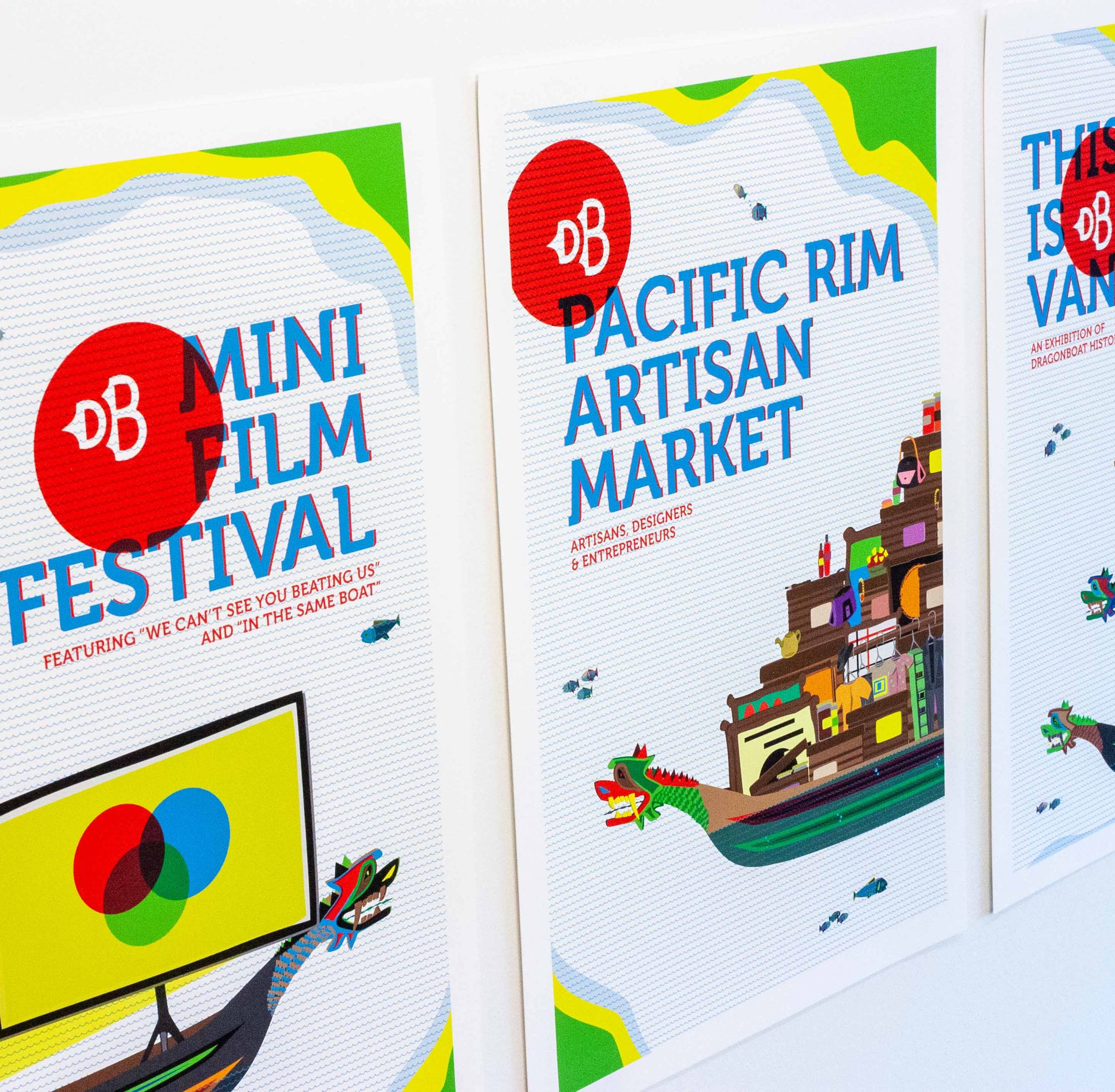 Colorful poster for Vancouver Dragon Boat Festival, featuring patterned waves, dragon boats and a variety of things available at the festival — by Dima Yagnyuk.