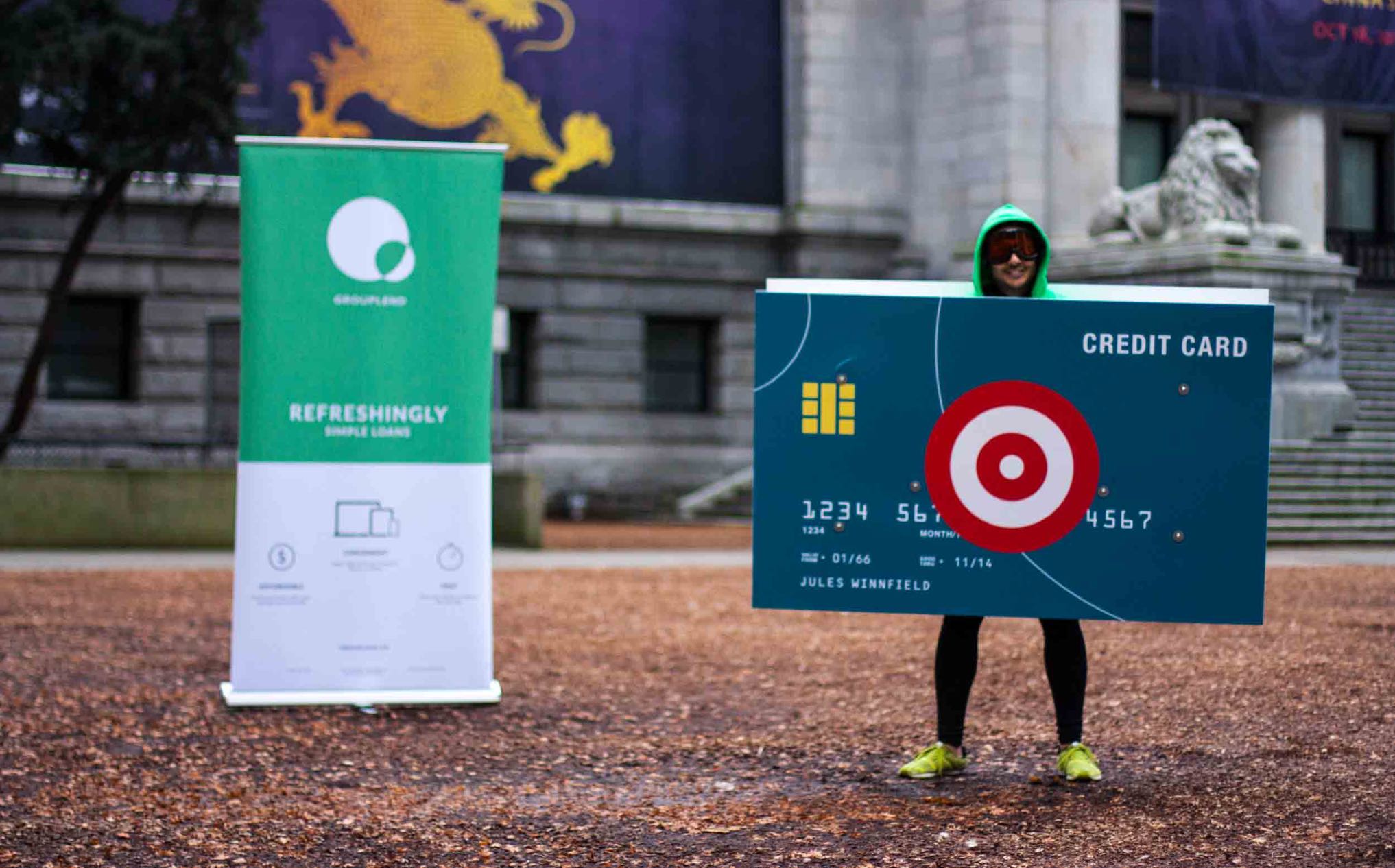 Grouplend experiential campaign featured its CEO Kevin Sandu in a credit card costume dodging waterbaloons from passerby — by Yagnyuk.