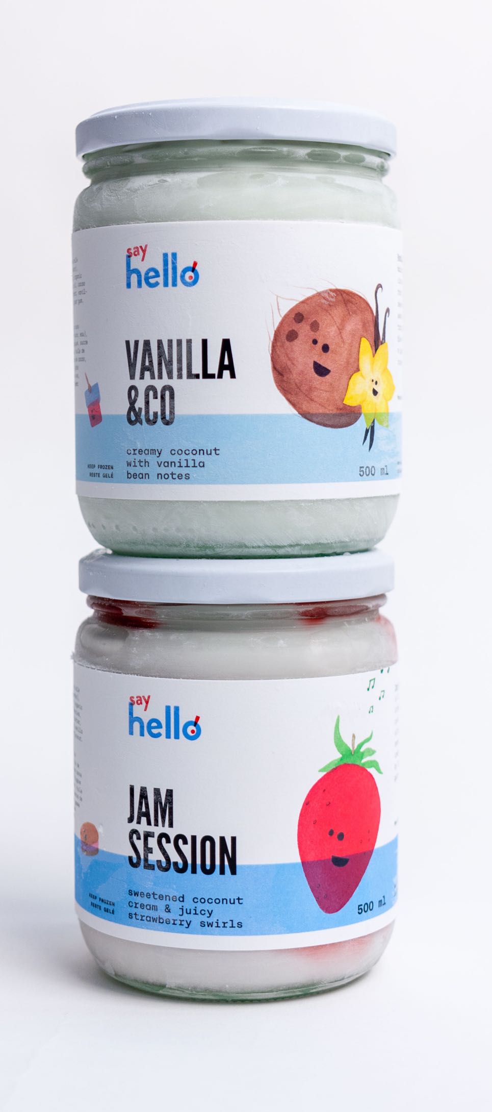 Say Hello Sweets 500ml Glass Jars with vibrant labels for vanilla and strawberry illustrations by Jessica Fraser — by Yagnyuk.