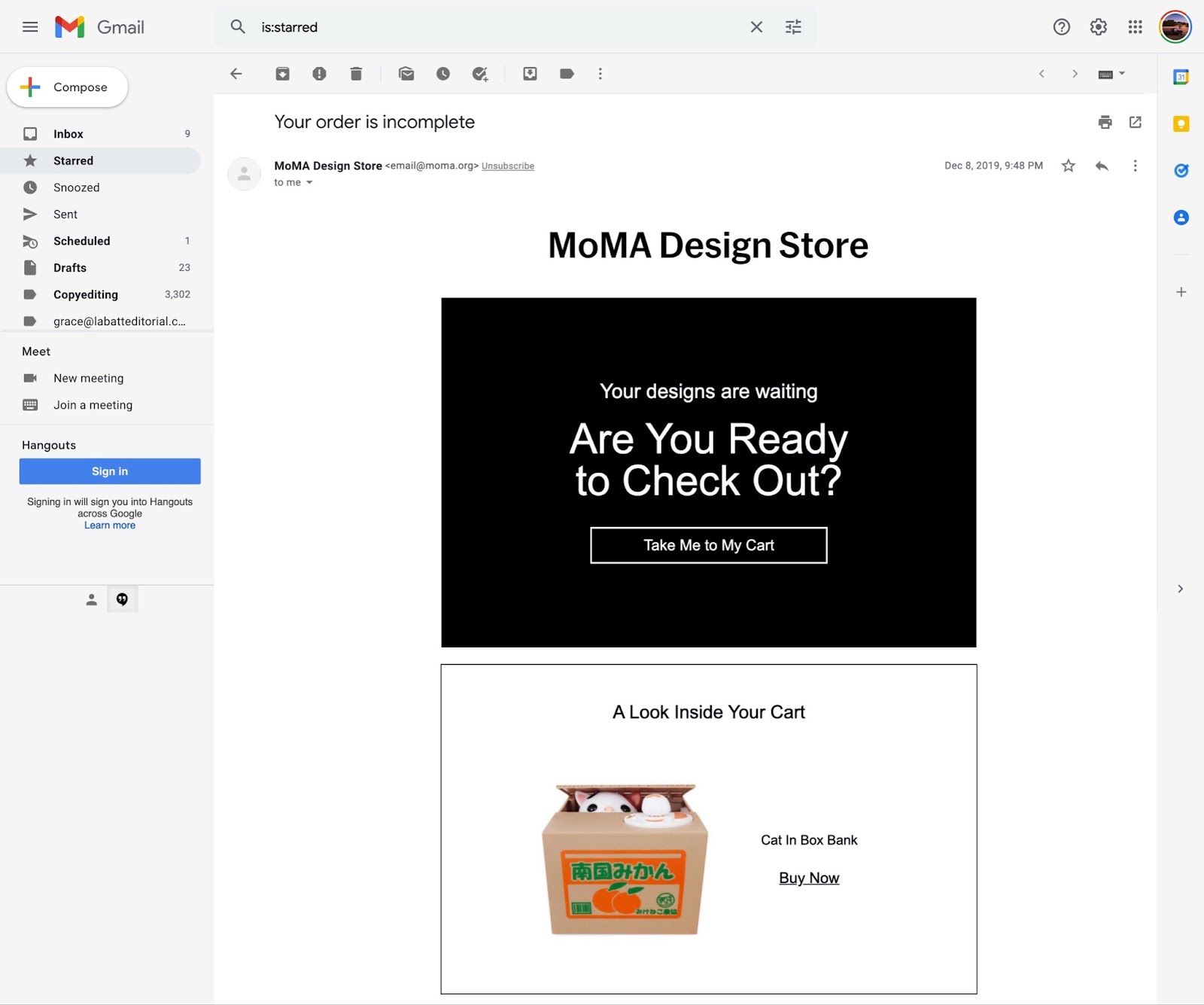 Example abandoned cart email from MoMa Design Store.