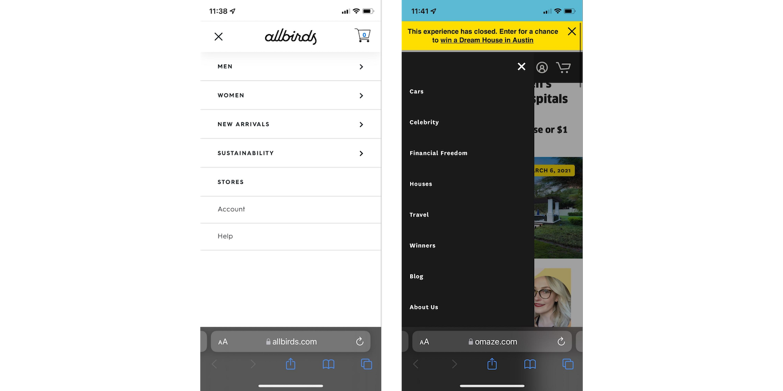 Image showing Allbird and Omaze linking to Sustainability and Charitable Commitments.