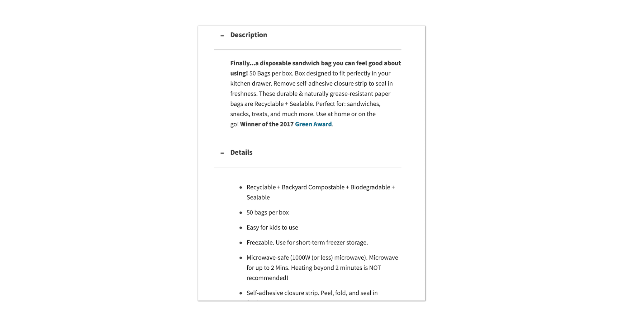 Example of putting product description and details in expandable drawers.